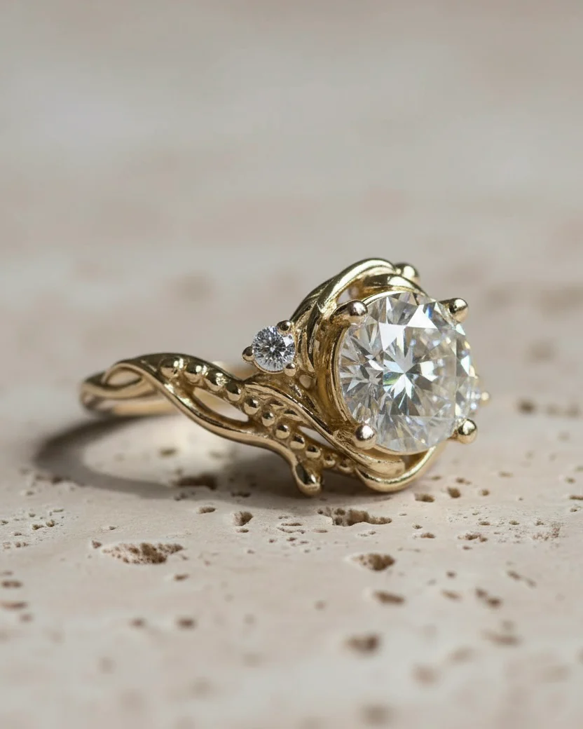 1.7 ct lab grown diamond engagement ring, round cut gemstone gold ring / Undina