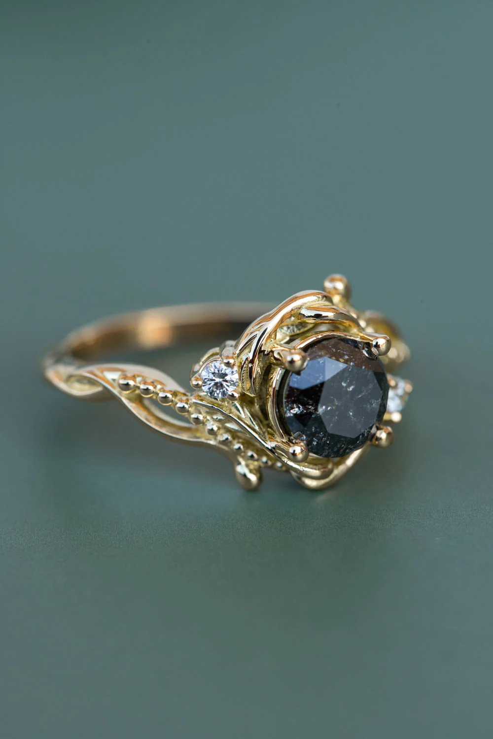 1 carat salt and pepper diamond engagement ring, nature inspired proposal ring with diamonds  / Undina - Image 3