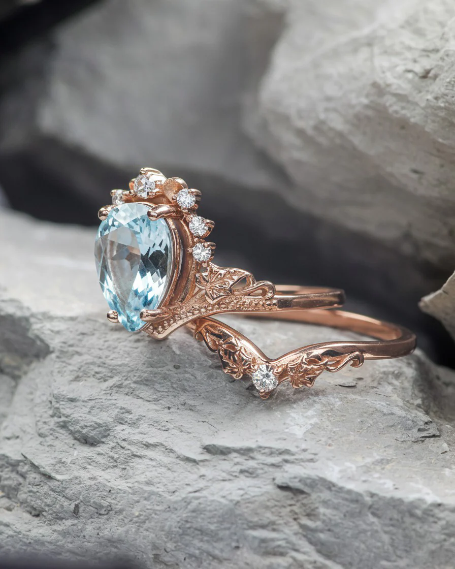Stunning aquamarine bridal ring set, big pear cut engagement rings with diamond crown / Ariadne - Image 2