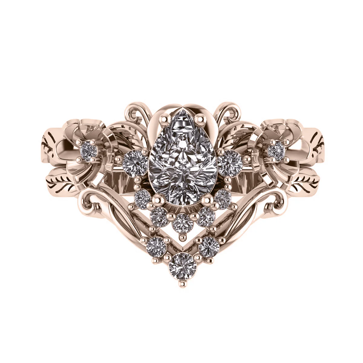 Adelina | custom bridal ring set, version half-halo, pear-cut 7x5 mm