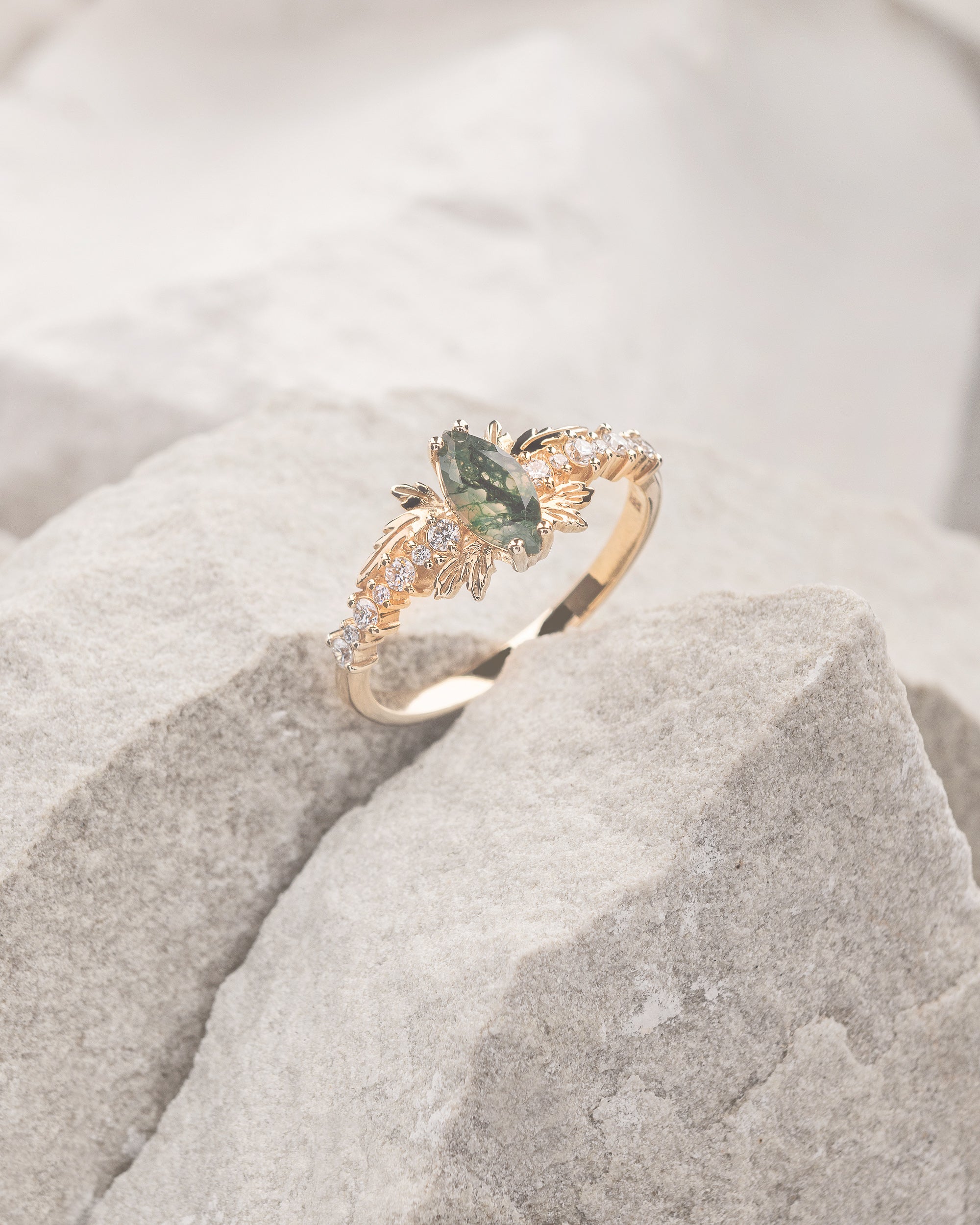 Marquise cut moss agate bridal ring set, nature inspired engagement ring / Verbena - Image 7