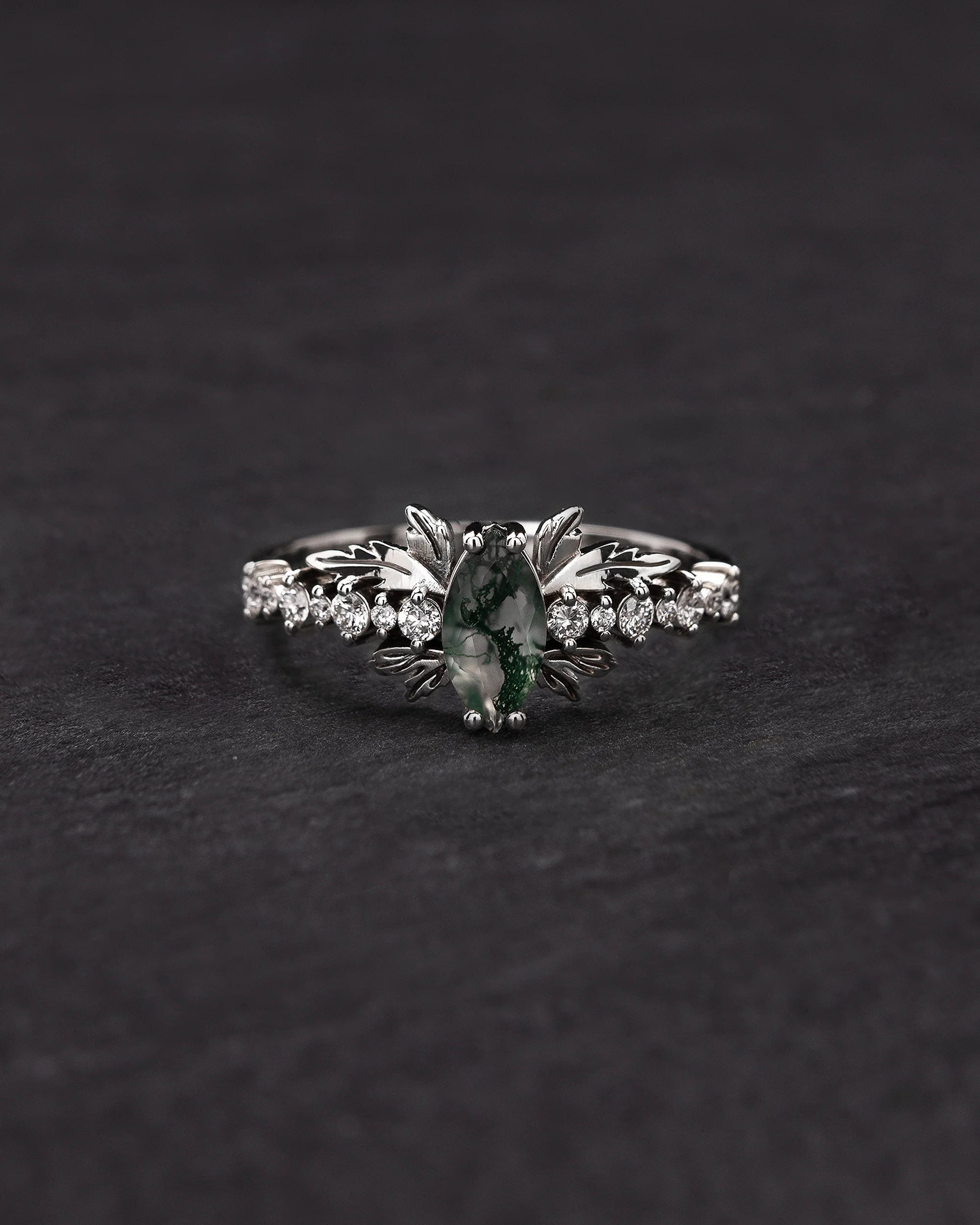 Marquise cut moss agate bridal ring set, nature inspired engagement ring / Verbena - Image 8
