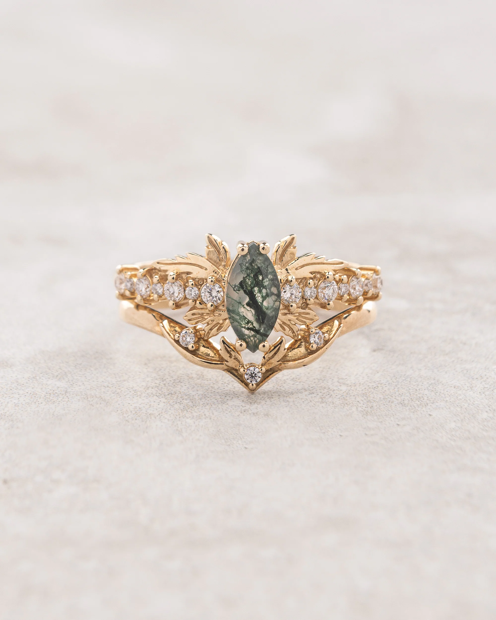 Marquise cut moss agate bridal ring set, nature inspired engagement ring / Verbena