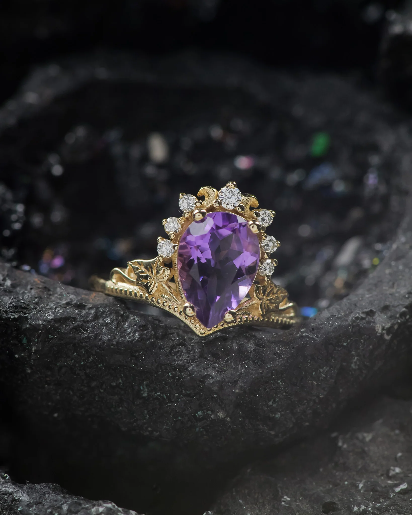 Amethyst and diamonds engagement ring, big pear gemstone gold ring / Ariadne