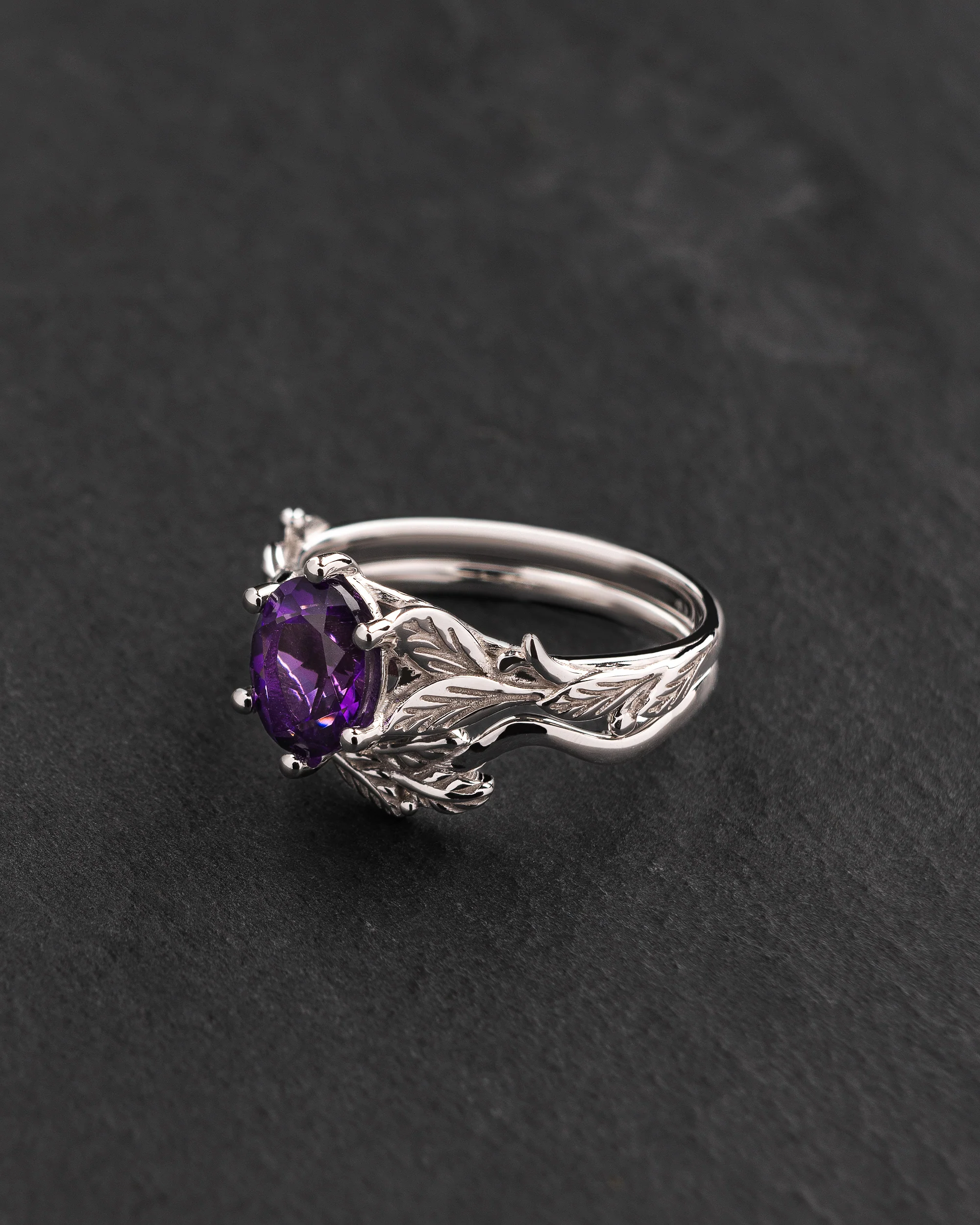 Amethyst engagement ring with a matching leaf wedding band / Freesia - Image 3