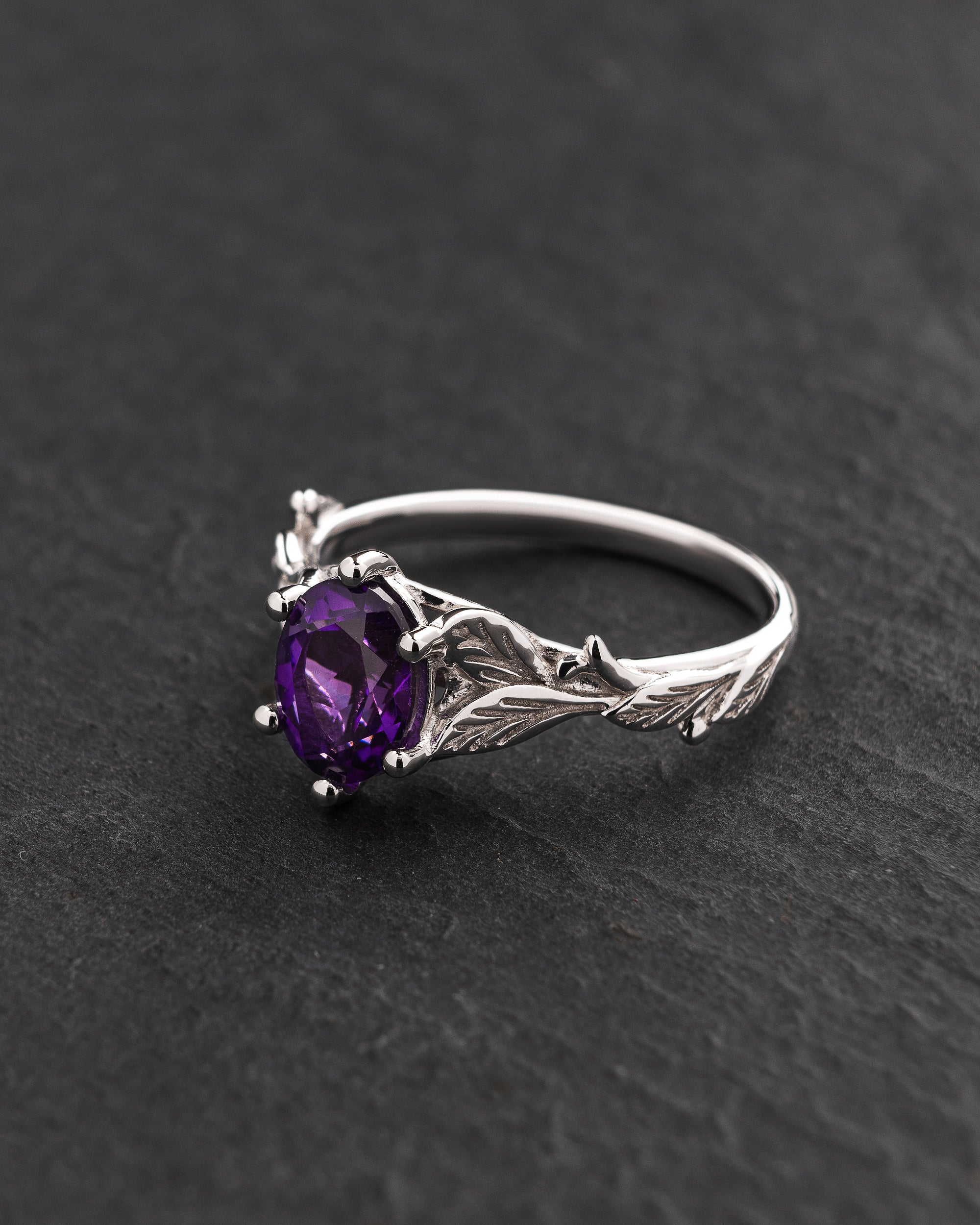 Amethyst engagement ring with a matching leaf wedding band / Freesia - Image 6