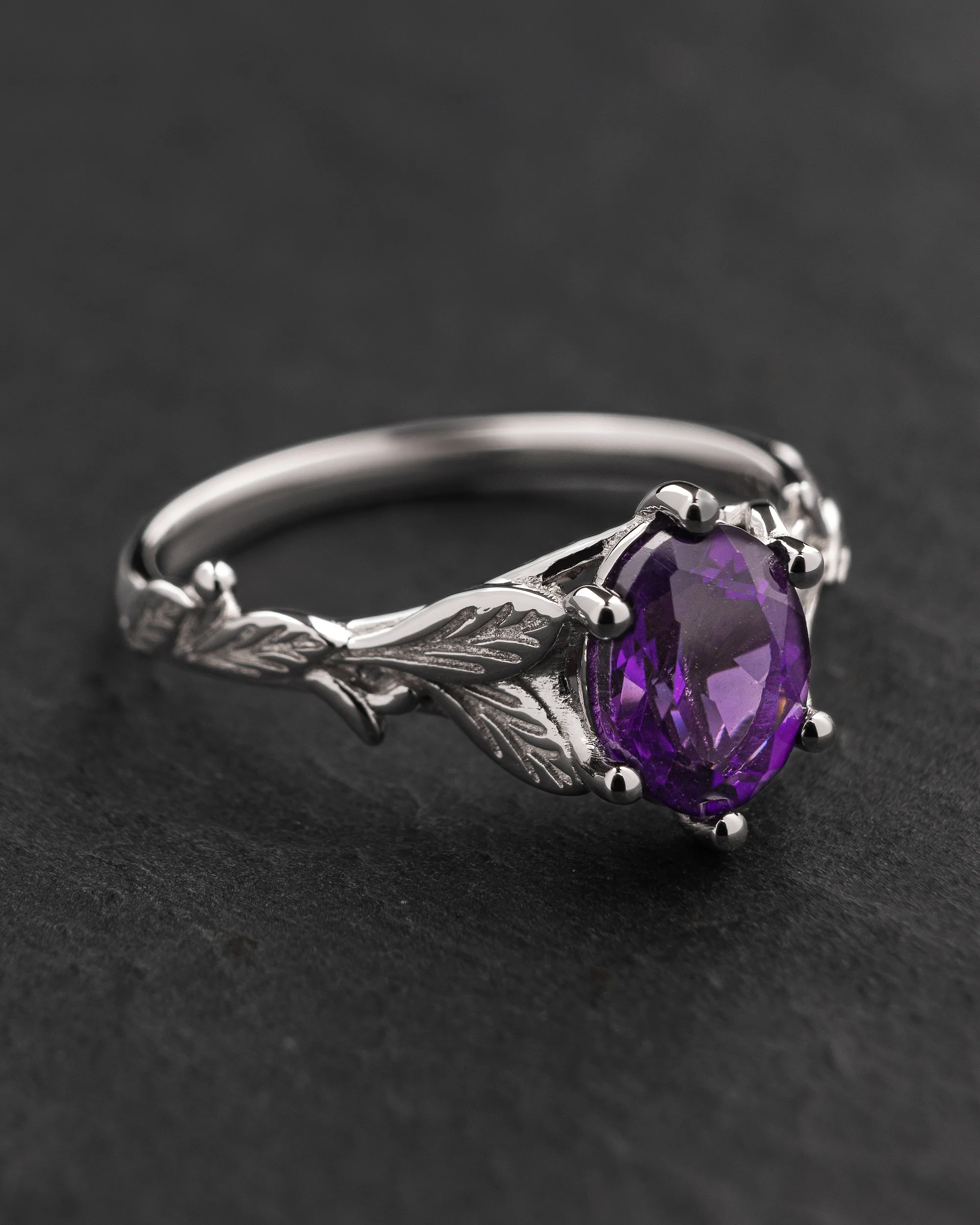 Amethyst engagement ring with a matching leaf wedding band / Freesia - Image 7