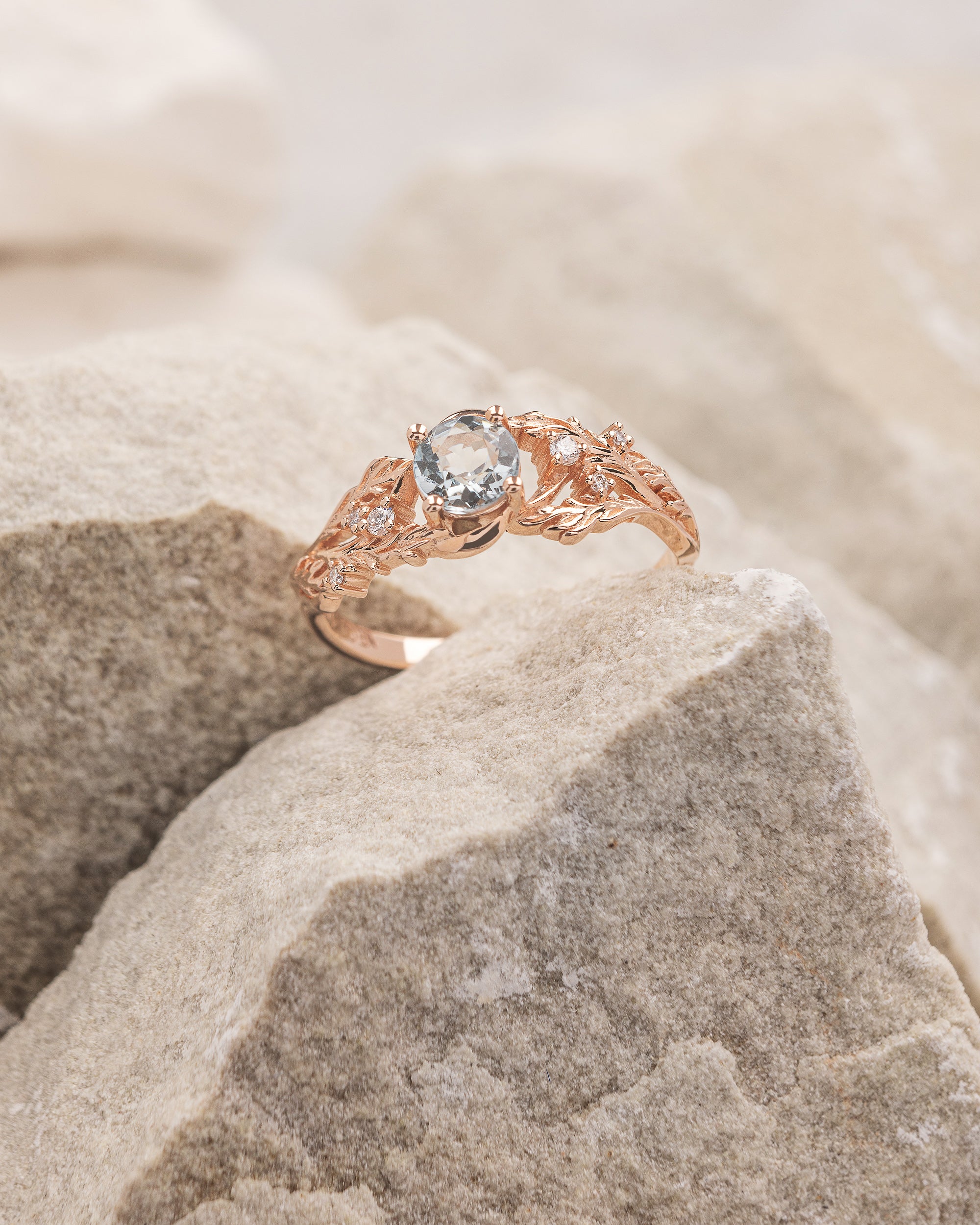 Aquamarine bridal set, gold proposal ring with diamonds / Japanese Maple - Image 3