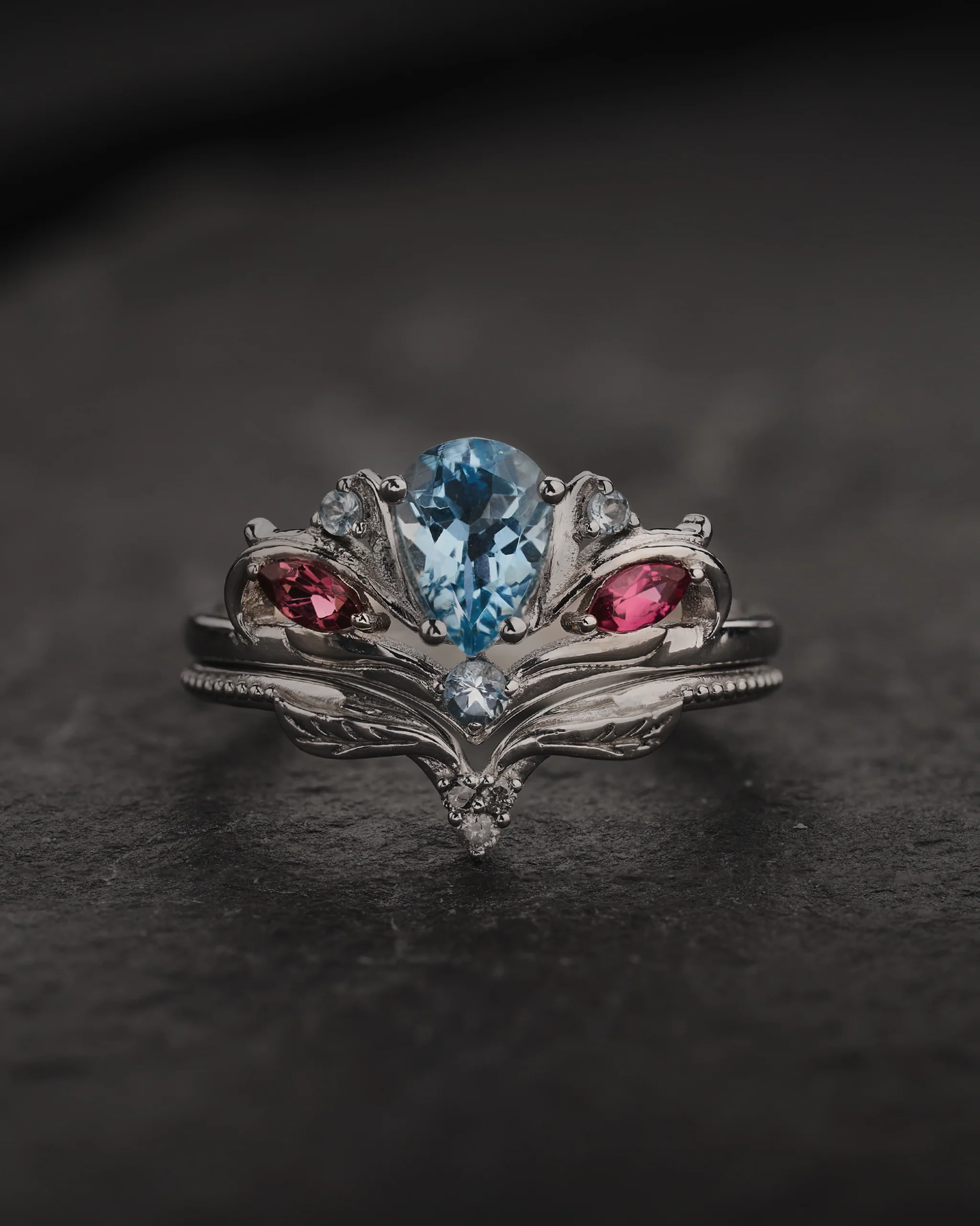 Aquamarine Engagement Ring with Accent Aquamarines & Tourmalines / Swanlake - Image 4