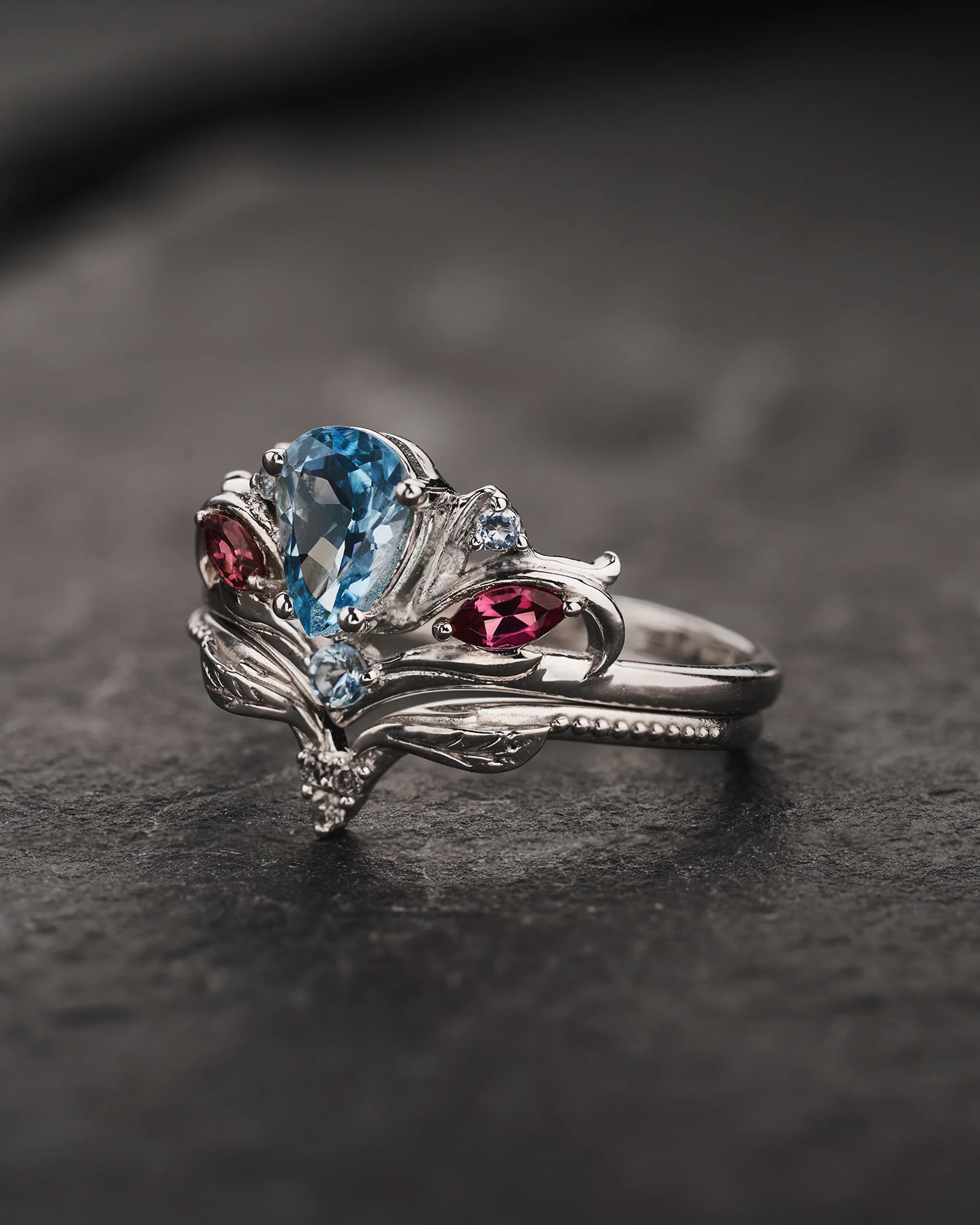 Aquamarine Engagement Ring with Accent Aquamarines & Tourmalines / Swanlake - Image 5