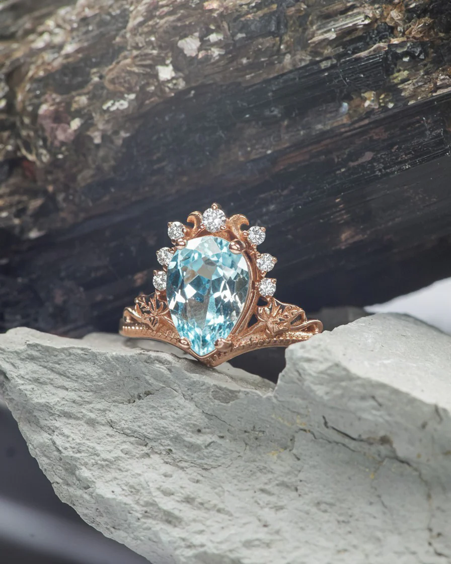 Aquamarine engagement ring, yellow gold proposal ring with diamond crown / Ariadne - Image 2