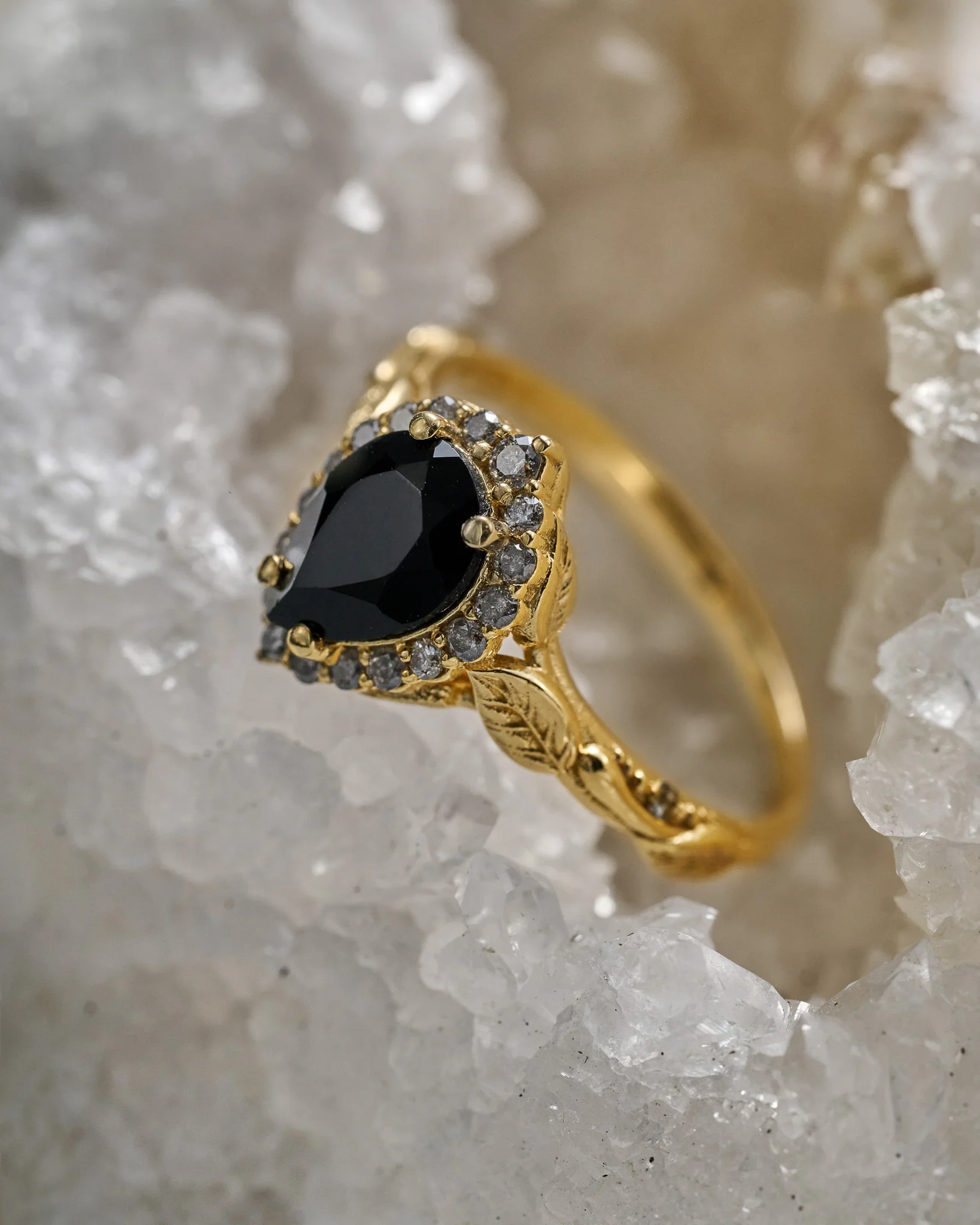 Black spinel with salt and pepper diamonds halo engagement ring / Florentina - Image 3