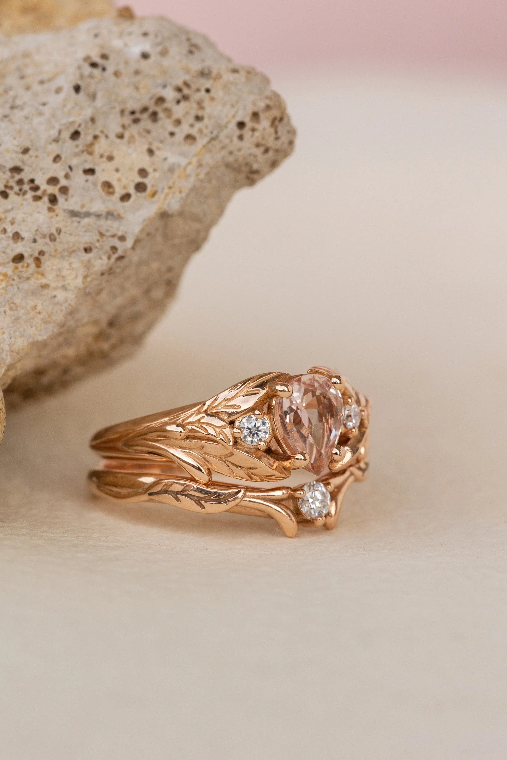 Natural rose morganite and side diamonds bridal ring set / Wisteria - Image 3
