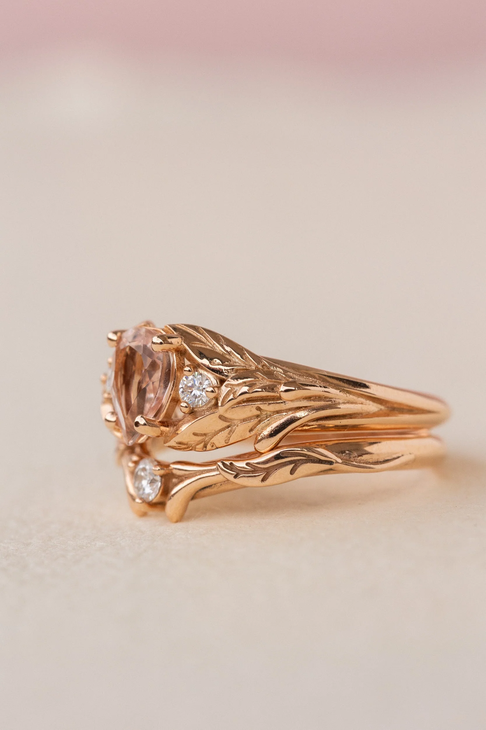 Natural rose morganite and side diamonds bridal ring set / Wisteria - Image 5