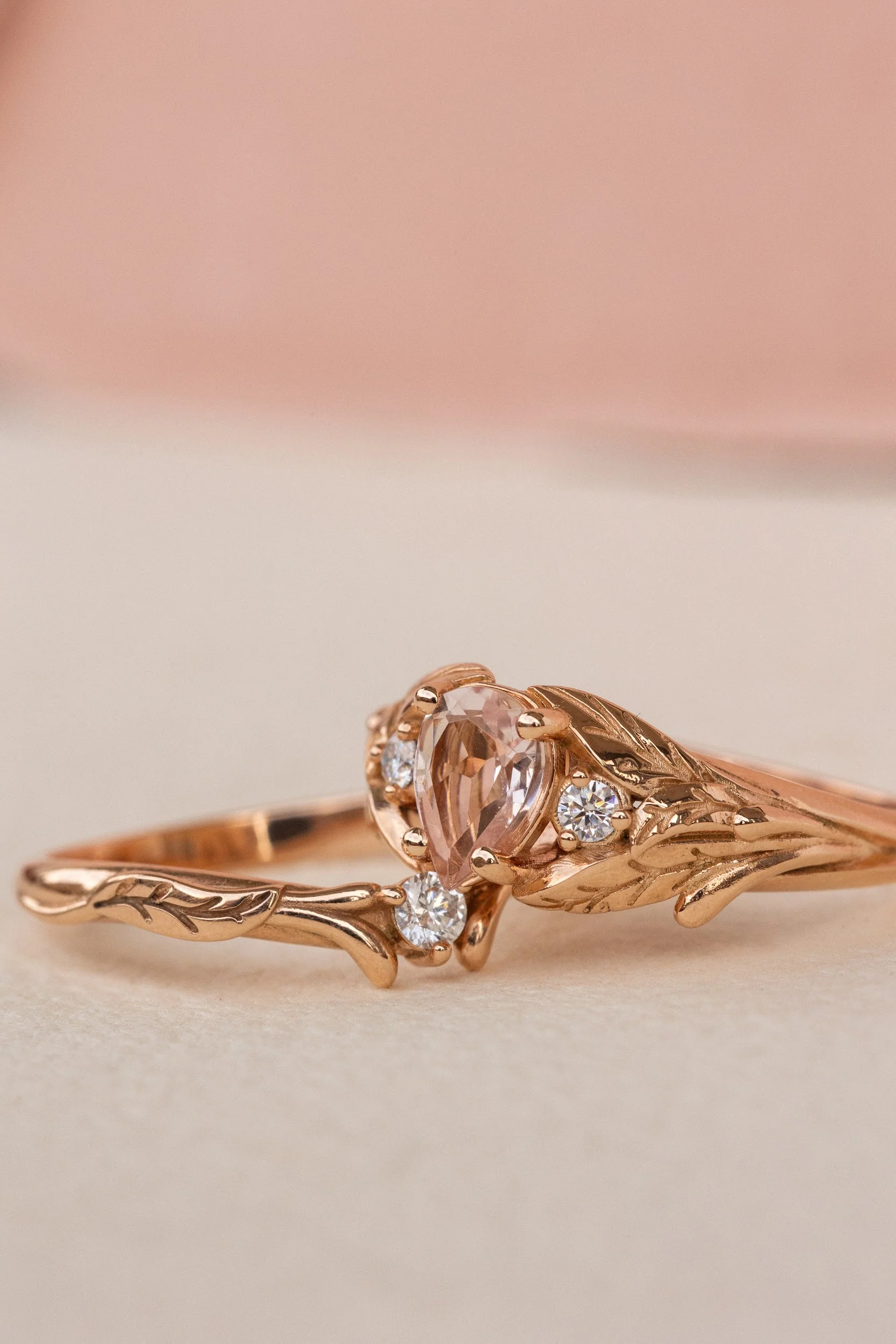 Natural rose morganite and side diamonds bridal ring set / Wisteria - Image 6