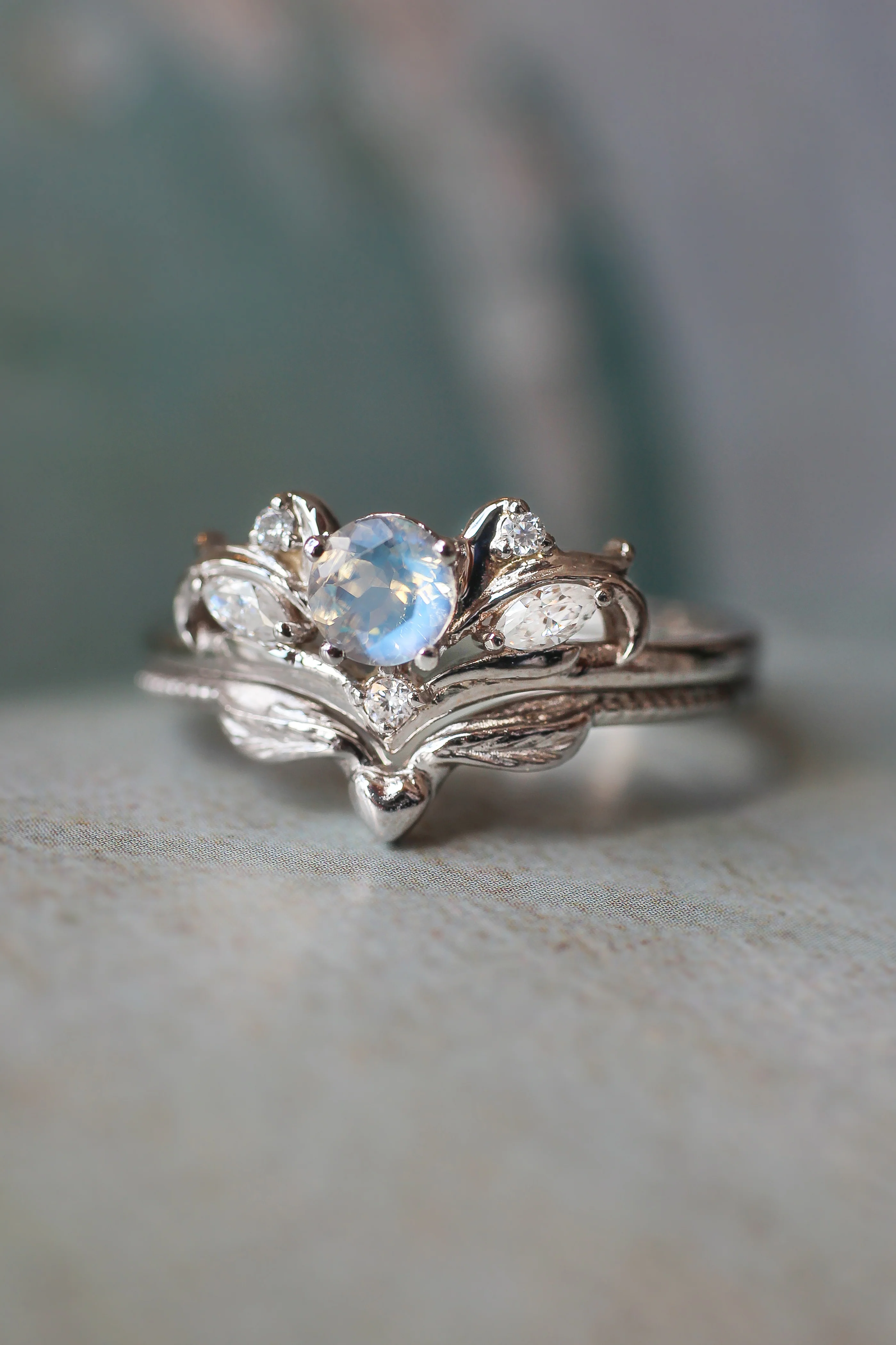 Bridal ring set with rainbow moonstone / Swanlake - Image 14