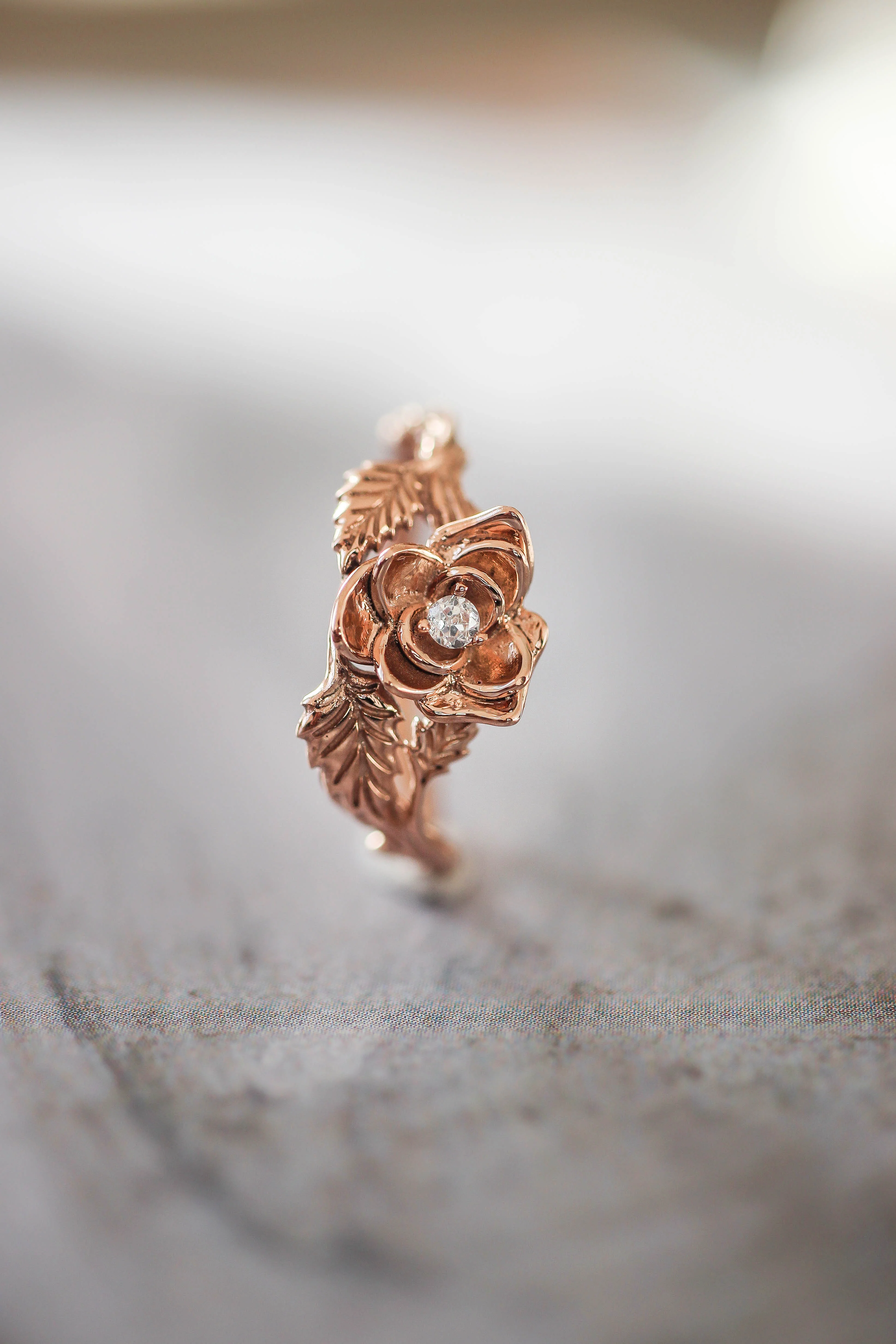 Bridal ring set with rose flower and diamonds / Blooming Rose - Image 11