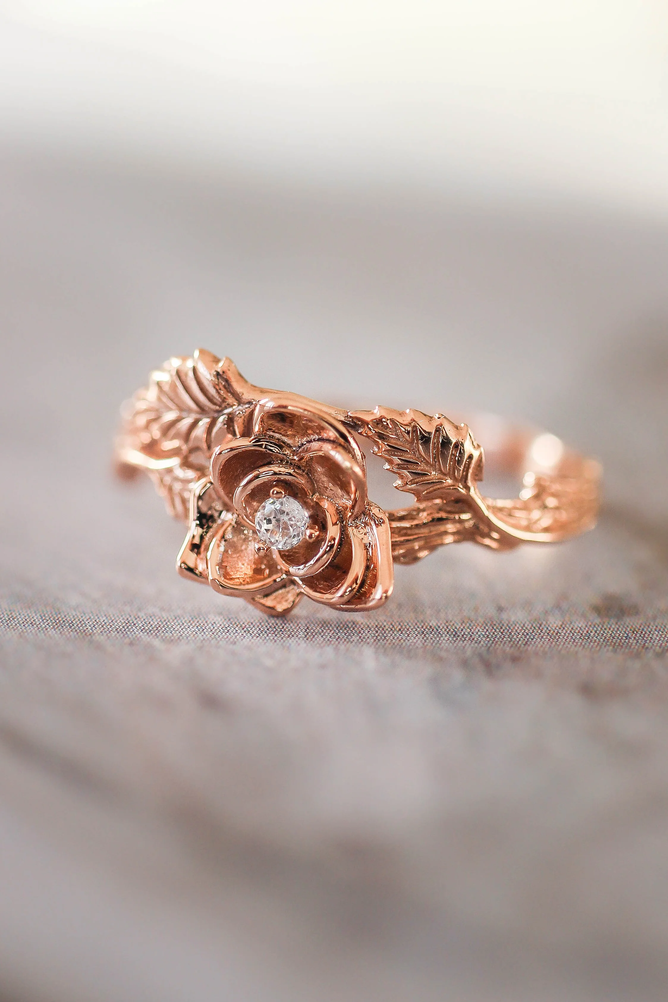 Bridal ring set with rose flower and diamonds / Blooming Rose - Image 9