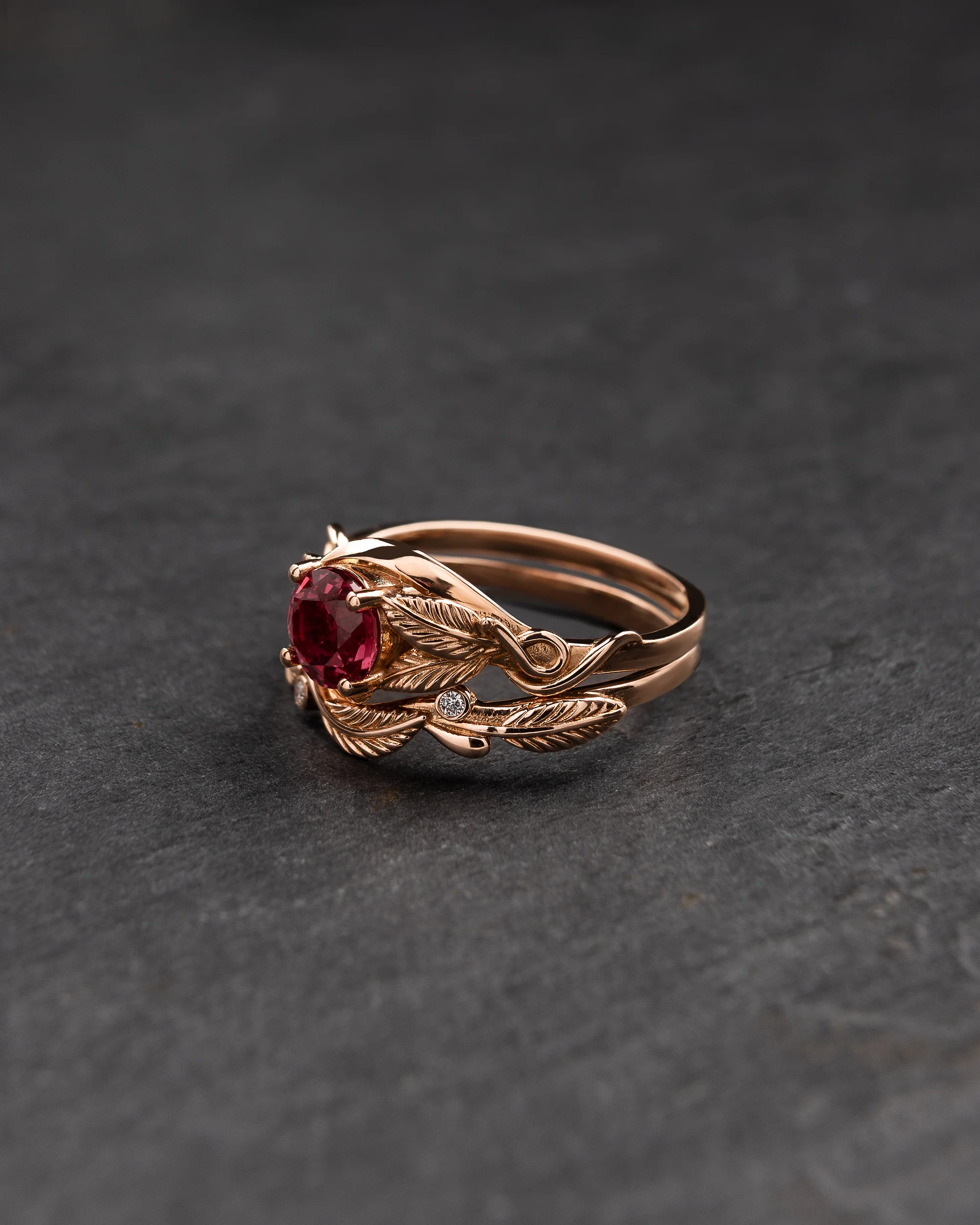 Bridal ring set with sunset hue padparadscha sapphire and diamonds / Azalea