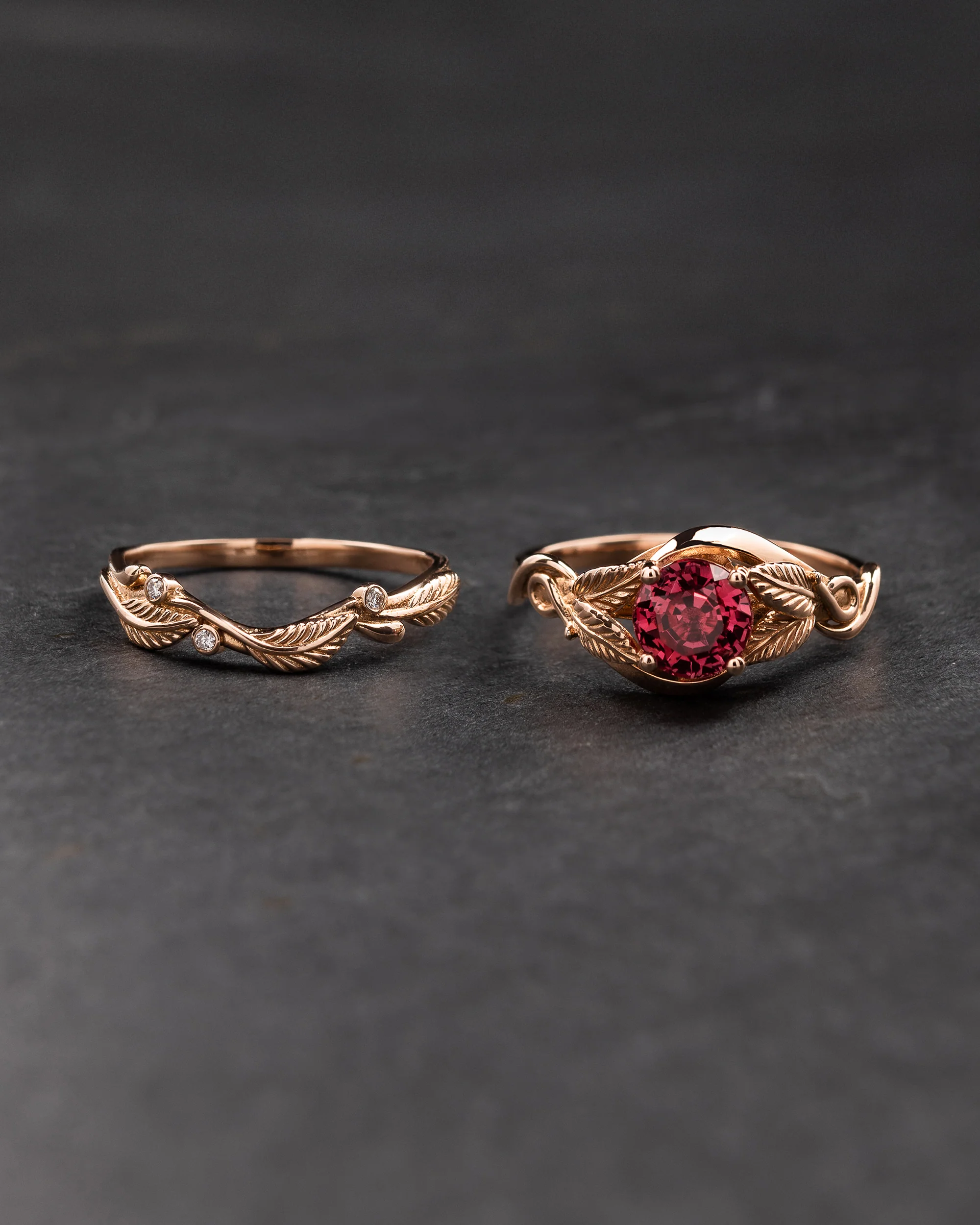Bridal ring set with sunset hue padparadscha sapphire and diamonds / Azalea - Image 3
