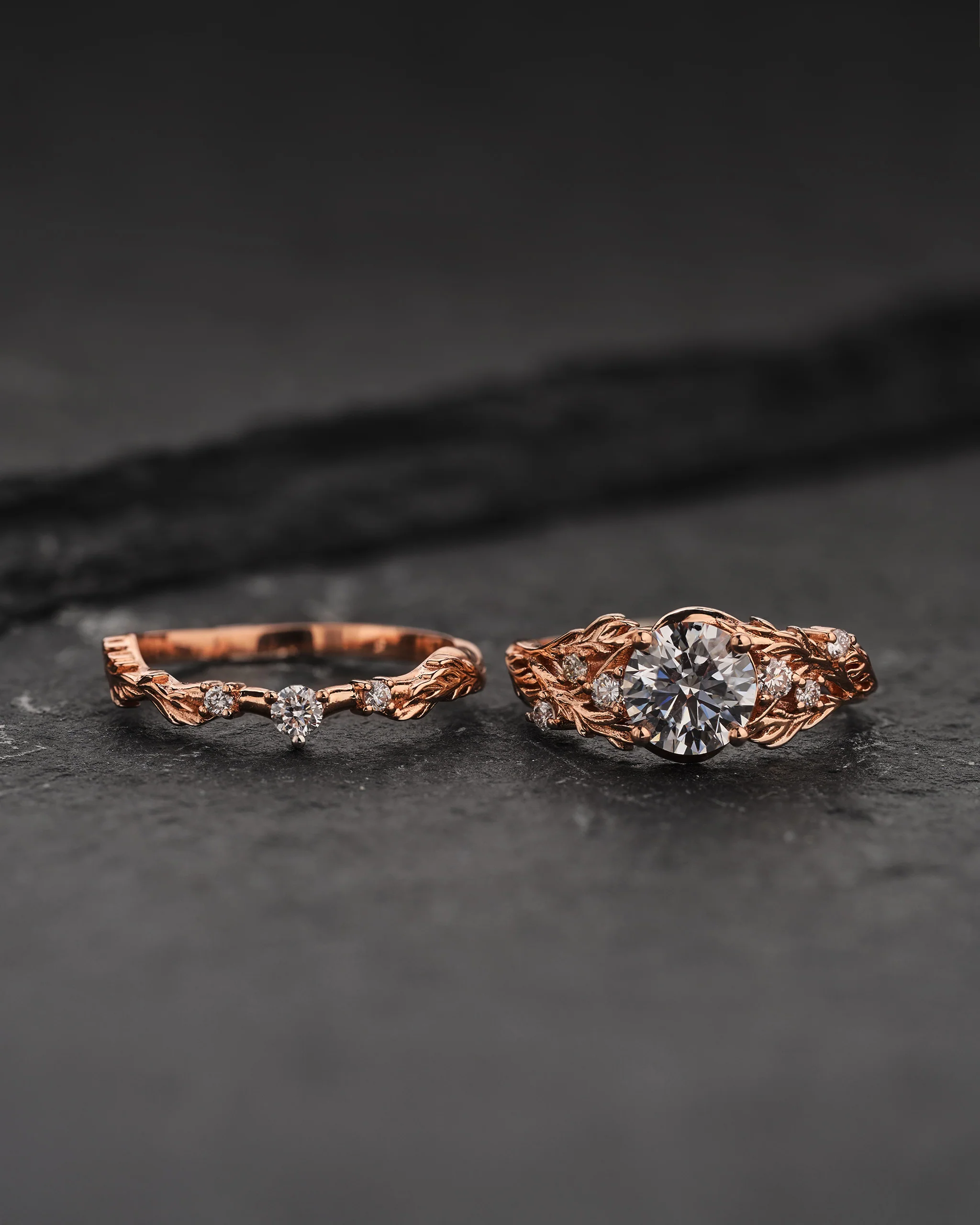 Bridal Set with Big Round Lab-grown Diamond / Japanese Maple - Image 2