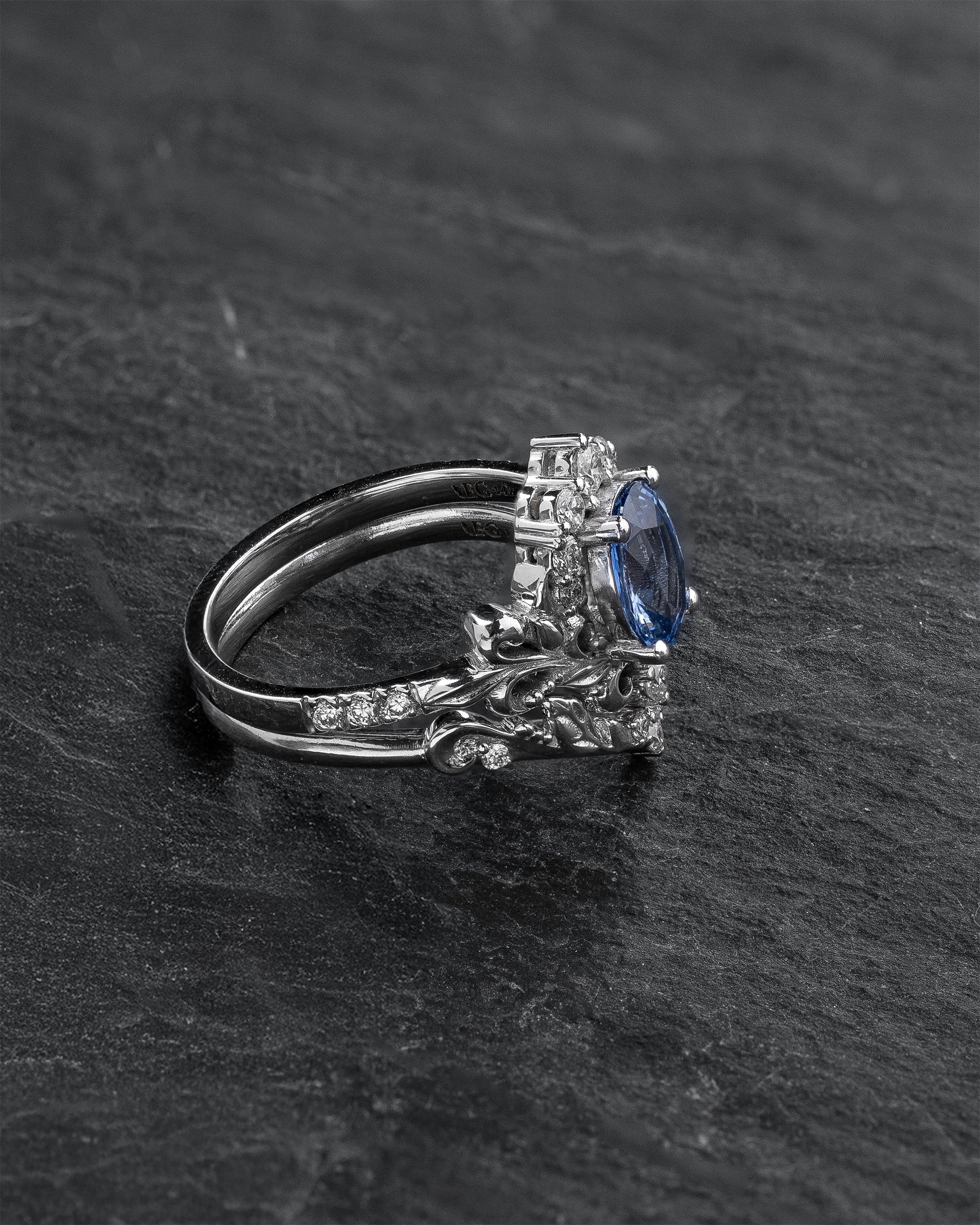 Bridal Set with Oval Blue (Natural) Sapphire and Diamond Crown / Sophie - Image 4