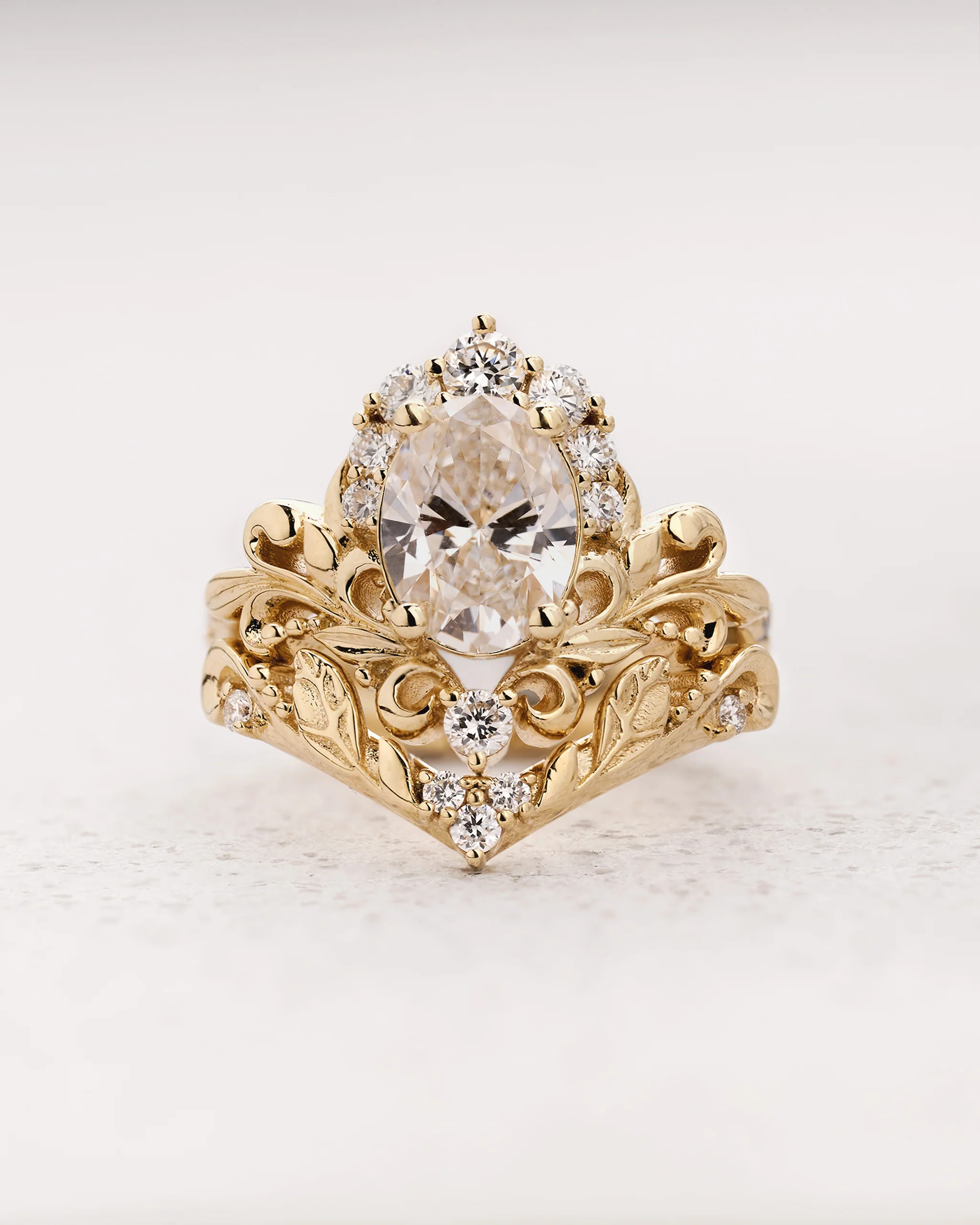 Bridal Set with Oval Lab-grown Diamond & Gold Swirly Foliage / Sophie