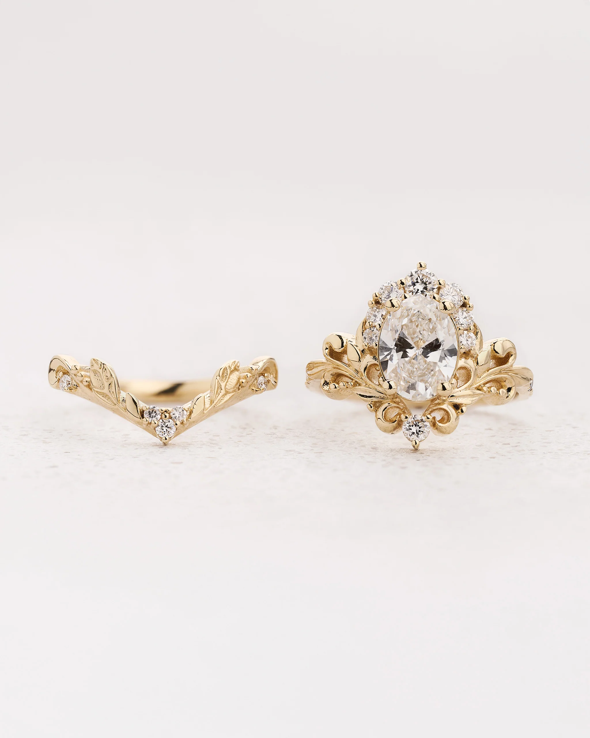 Bridal Set with Oval Lab-grown Diamond & Gold Swirly Foliage / Sophie - Image 2