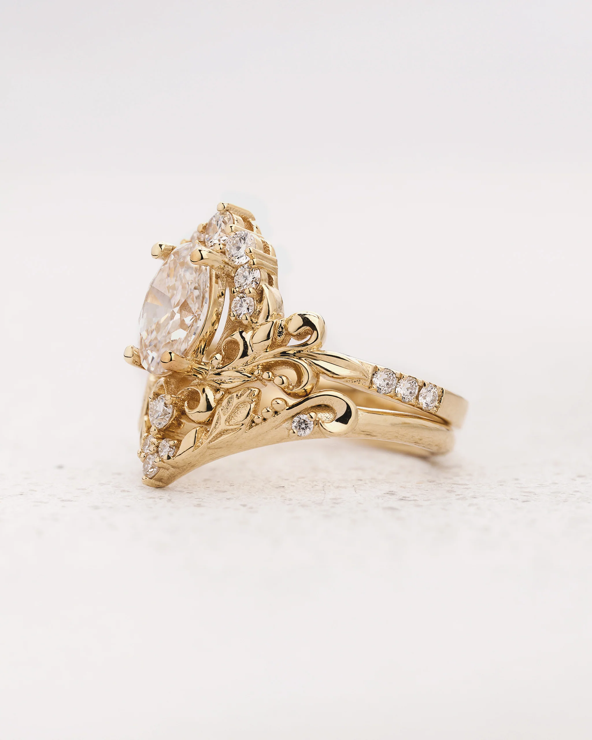 Bridal Set with Oval Lab-grown Diamond & Gold Swirly Foliage / Sophie - Image 3