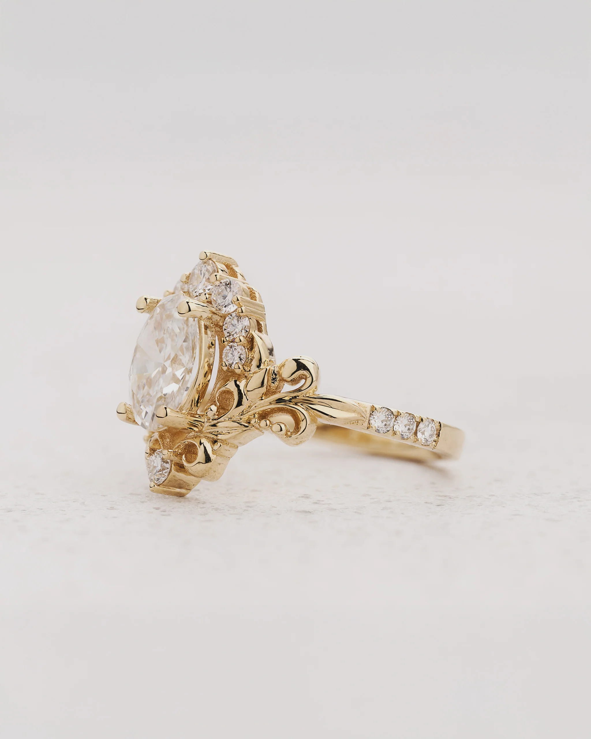 Bridal Set with Oval Lab-grown Diamond & Gold Swirly Foliage / Sophie - Image 4