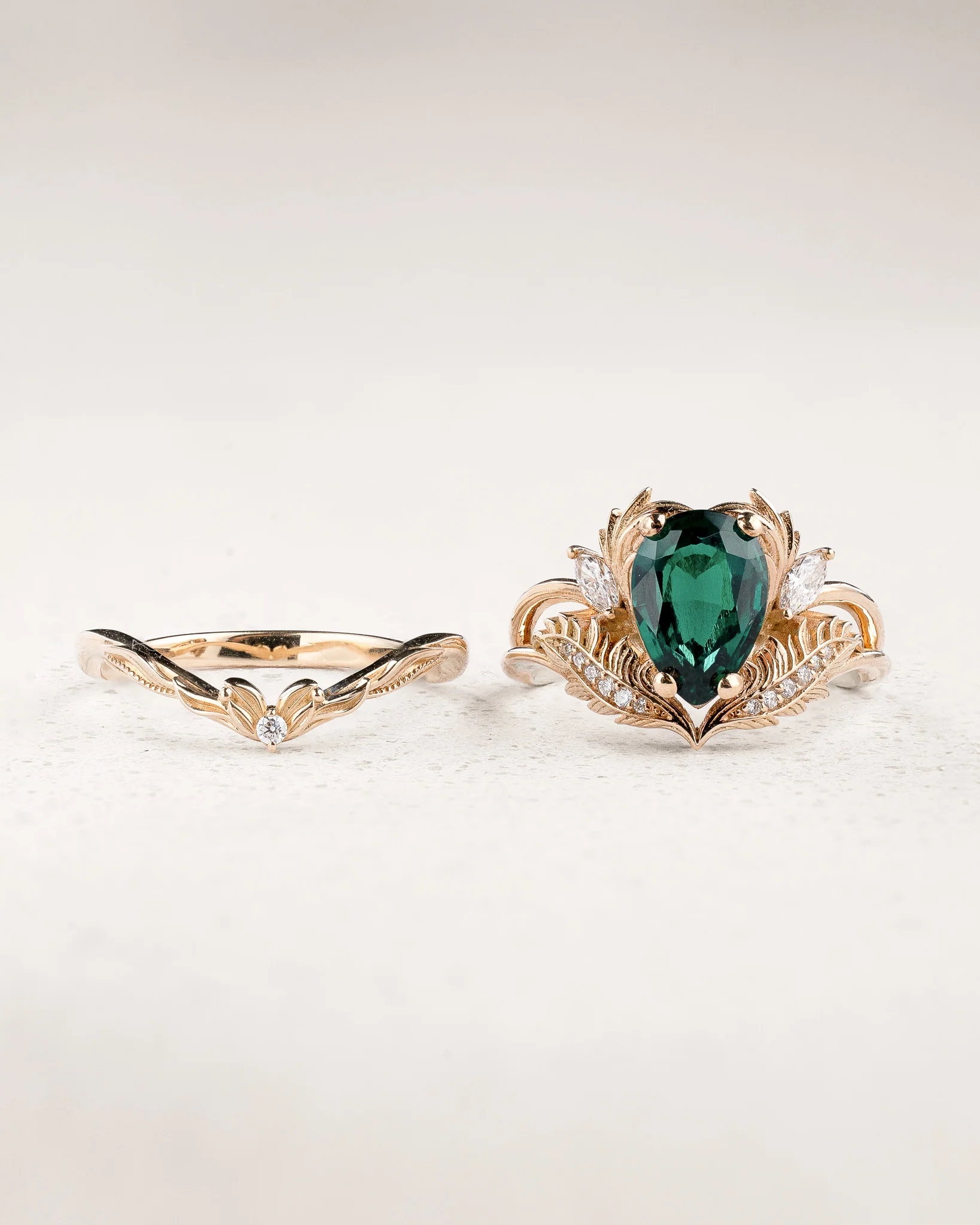 Bridal Set with Pear-Cut Emerald Engagement Ring and Curved Matching Band / Adonis - Image 2