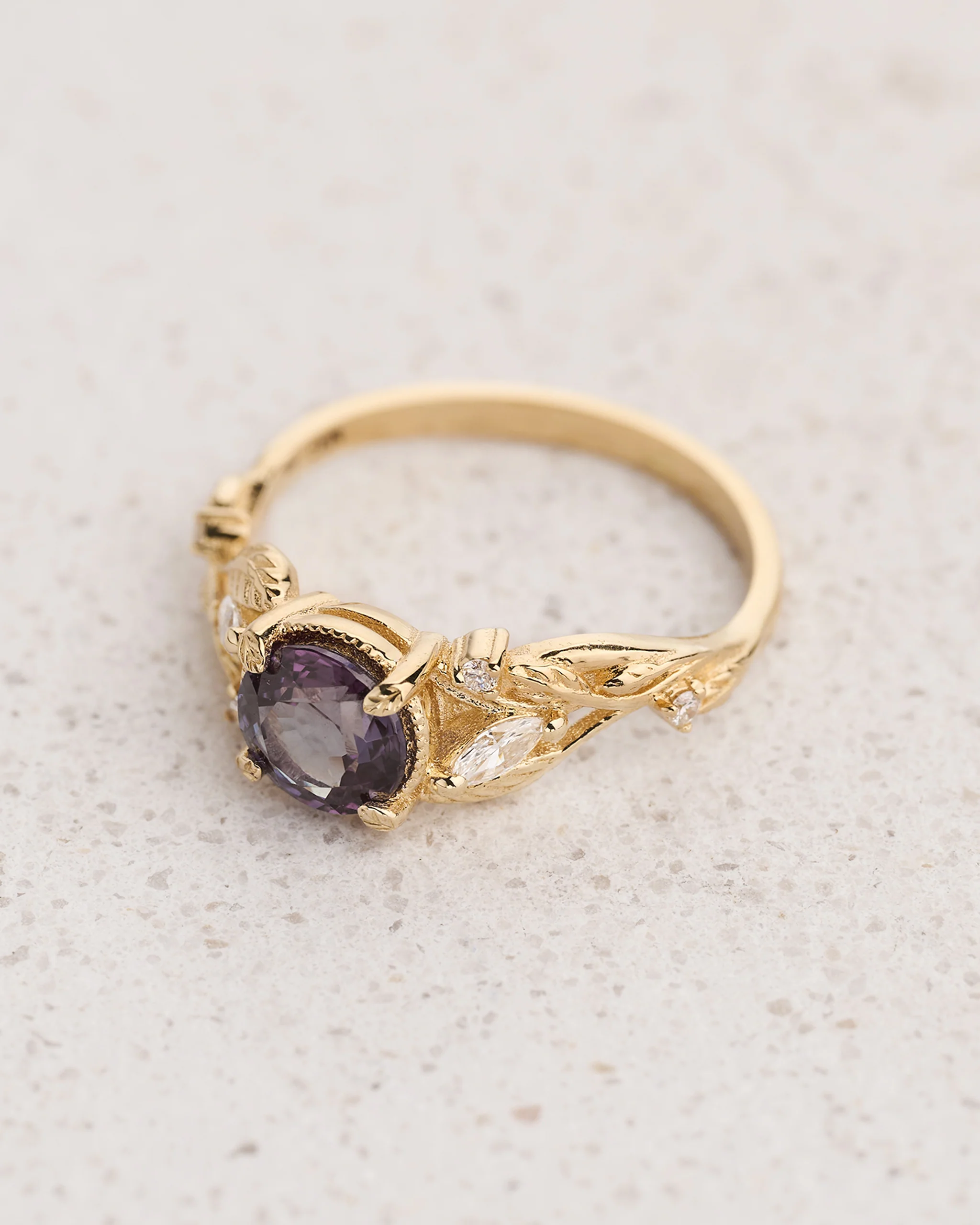 READY TO SHIP Patricia ring with round alexandrite and accent lab diamonds, 14K yellow gold, AVAILABLE RING SIZES: 5.5 - 8.5 US - Image 3