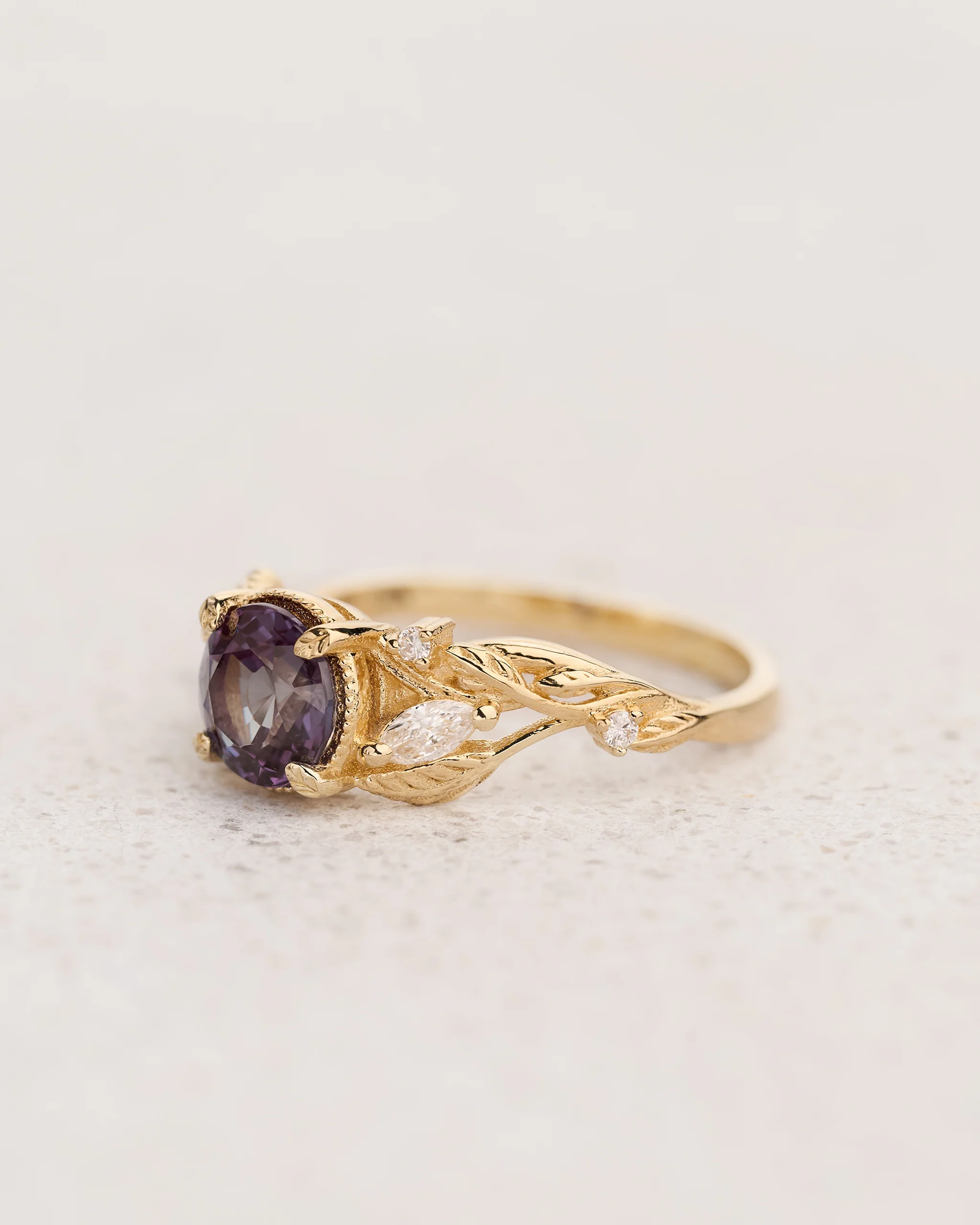 READY TO SHIP Patricia ring with round alexandrite and accent lab diamonds, 14K yellow gold, AVAILABLE RING SIZES: 5.5 - 8.5 US - Image 2