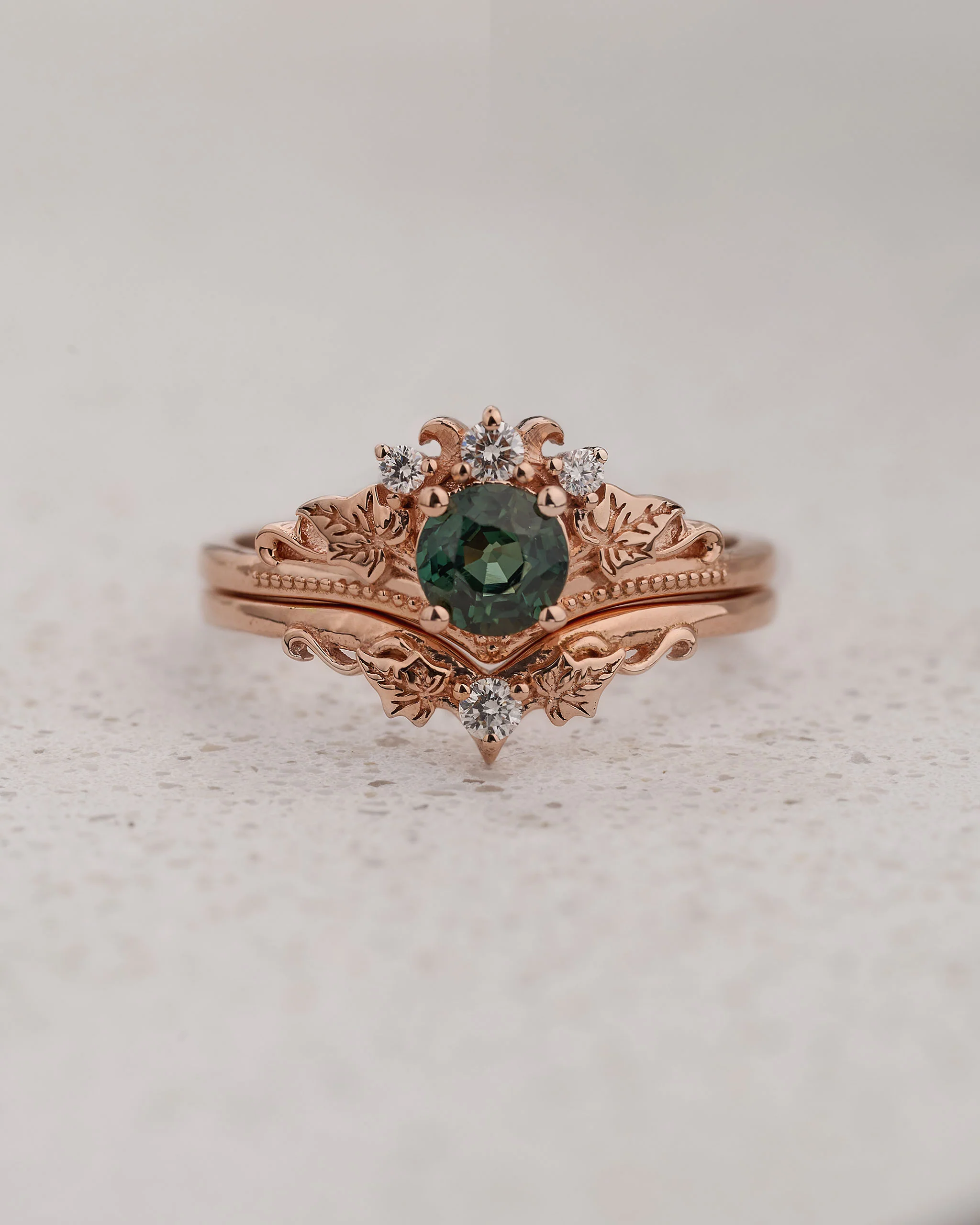 Bridal Set with Round (Natural) Teal Sapphire and Diamonds / Ariadne