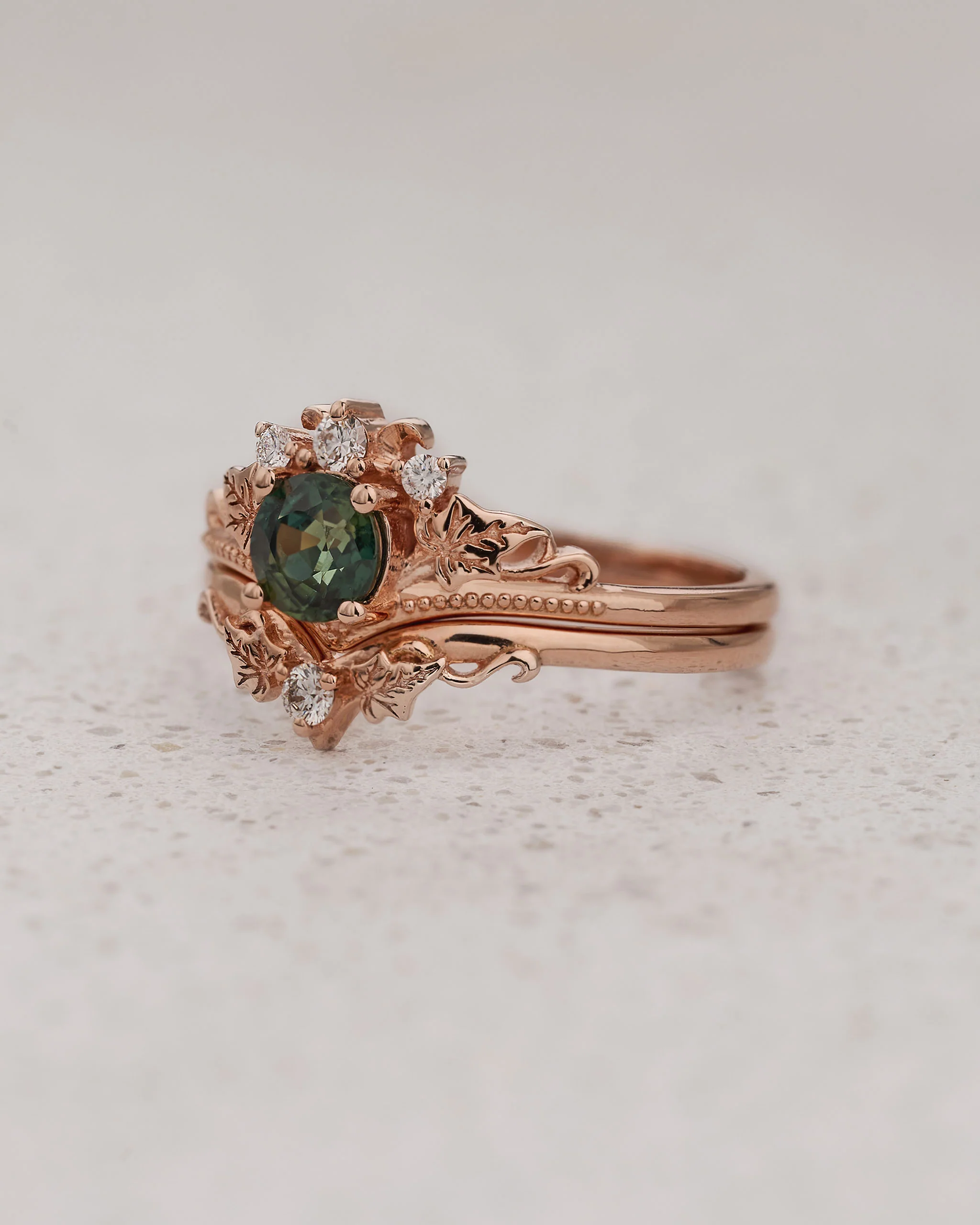 Bridal Set with Round (Natural) Teal Sapphire and Diamonds / Ariadne - Image 2