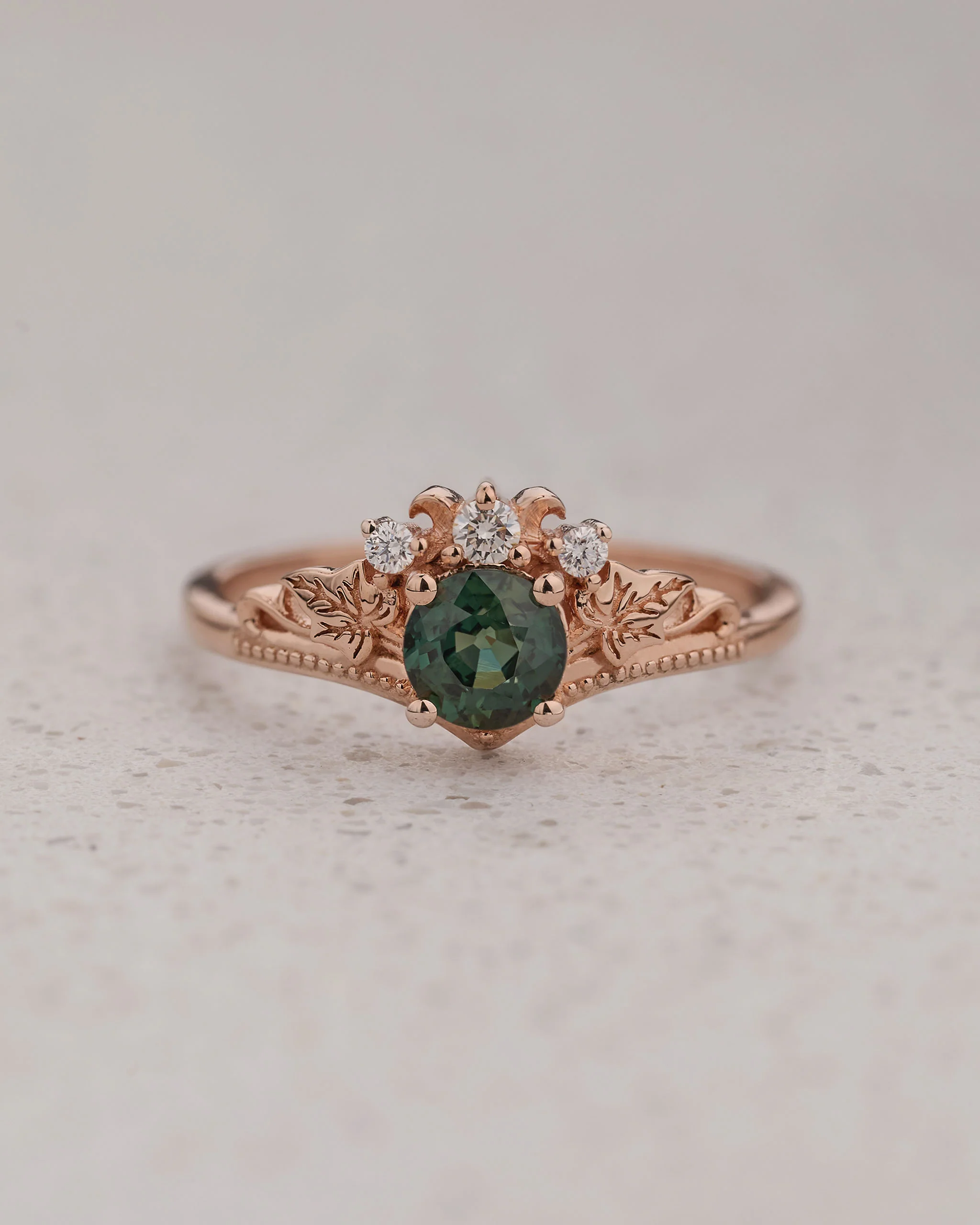 Bridal Set with Round (Natural) Teal Sapphire and Diamonds / Ariadne - Image 3