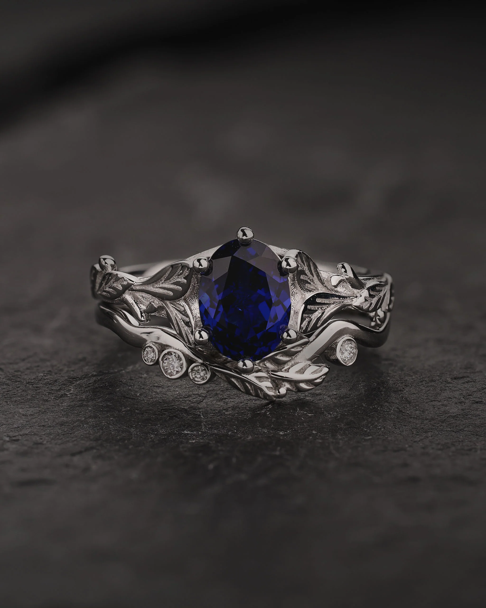 Bridal Set with Royal Blue Sapphire Engagement Ring and Matching Band with Diamonds / Freesia