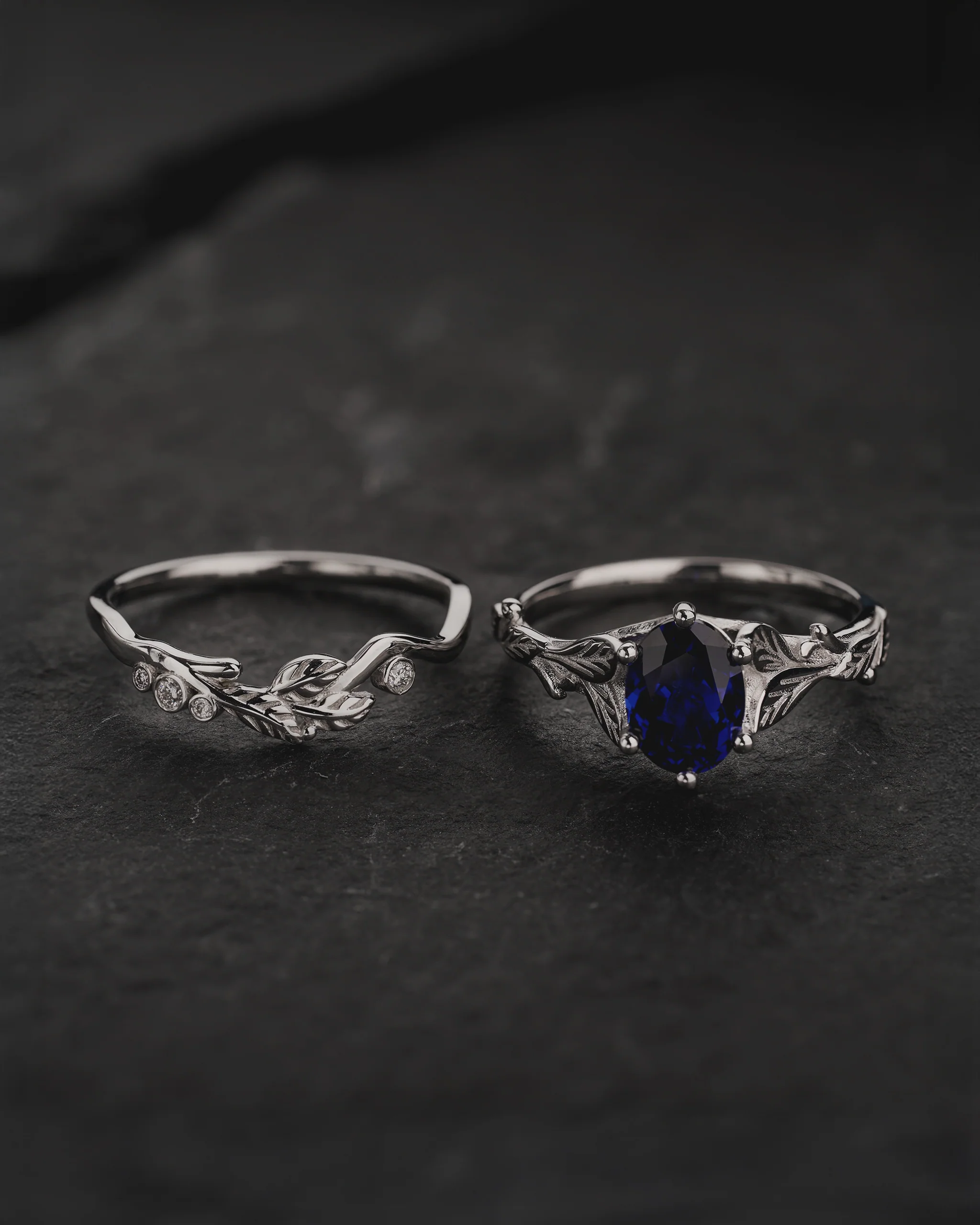 Bridal Set with Royal Blue Sapphire Engagement Ring and Matching Band with Diamonds / Freesia - Image 2