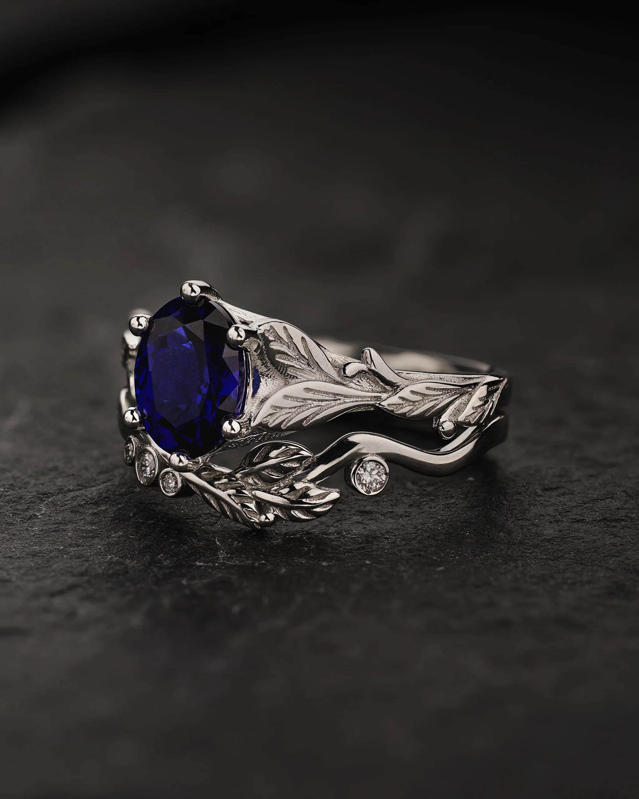 Bridal Set with Royal Blue Sapphire Engagement Ring and Matching Band with Diamonds / Freesia - Image 3
