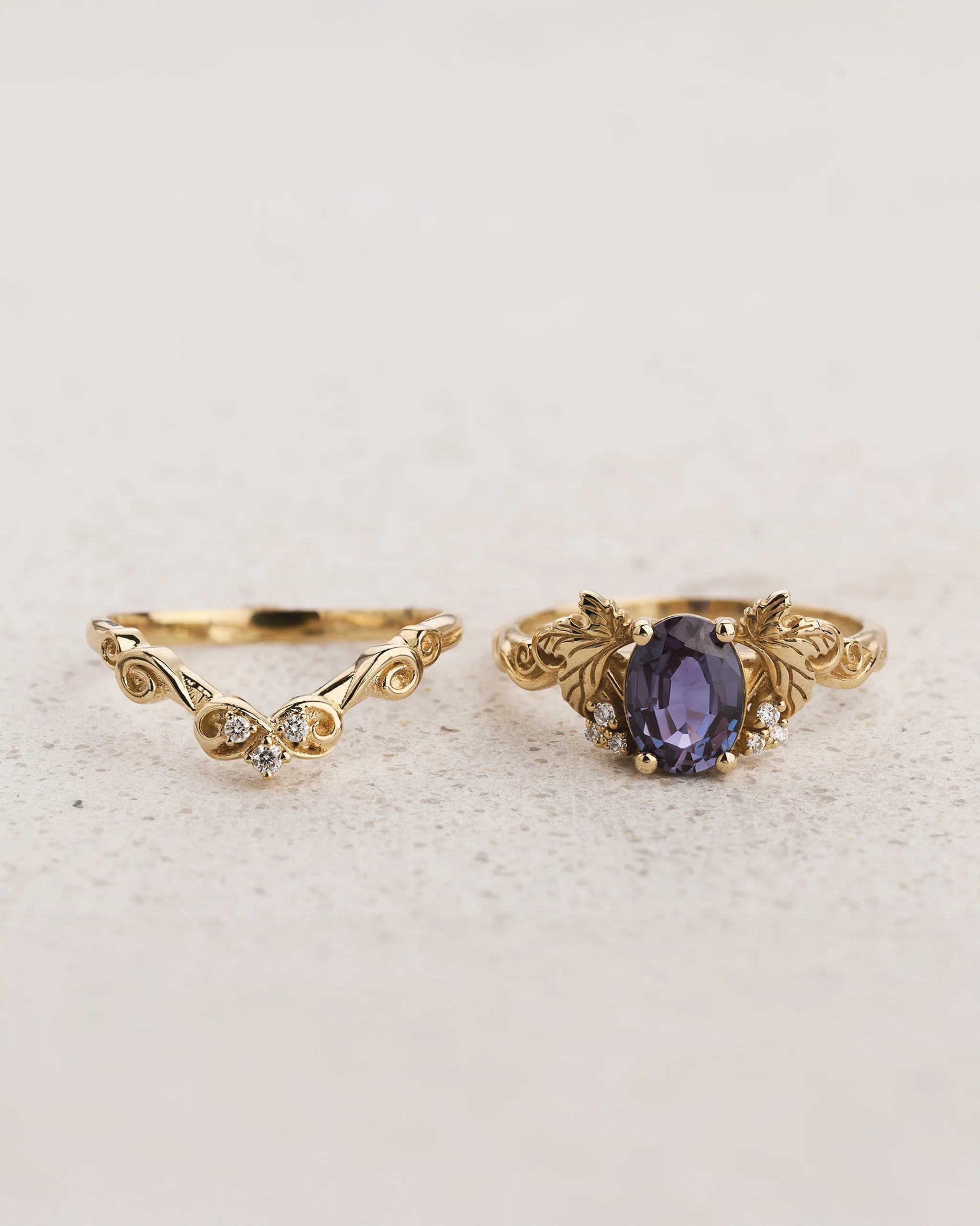 Color-changing Alexandrite Bridal Set with Matching Band / Vineyard - Image 2
