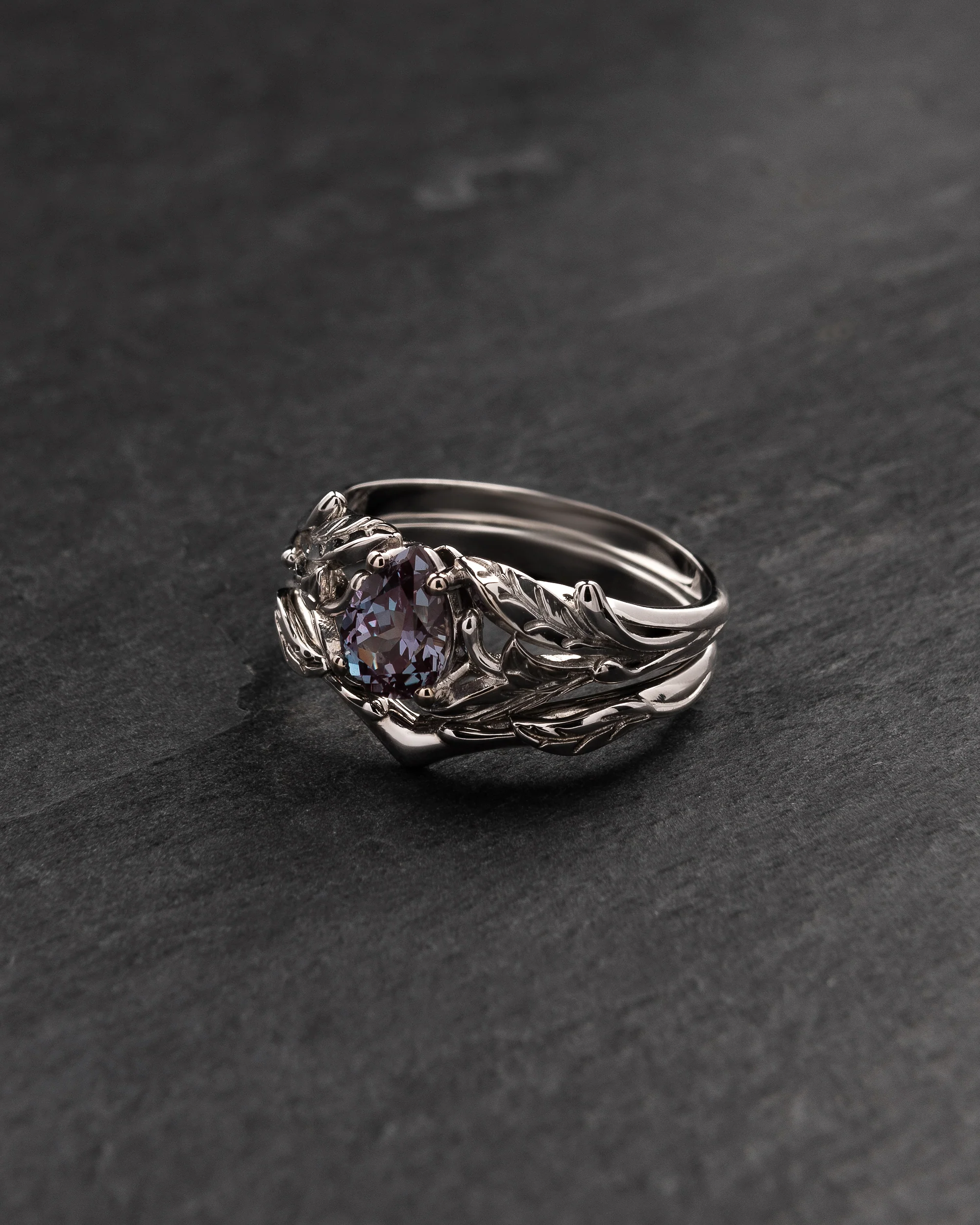 Colour changing alexandrite engagement ring with a matching wedding band / Wisteria - Image 2