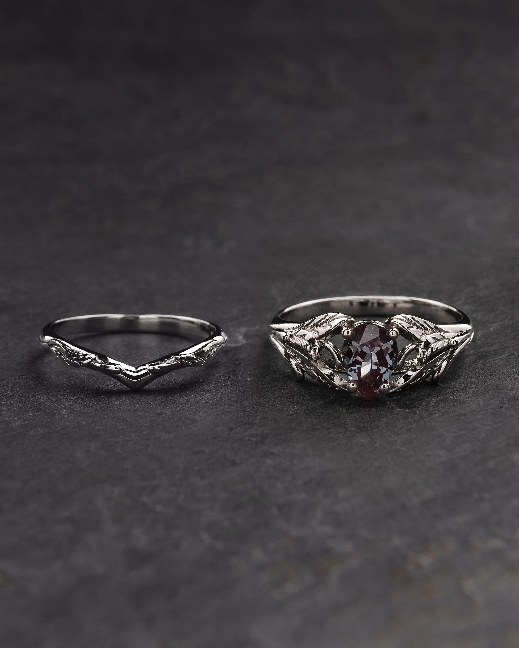 Colour changing alexandrite engagement ring with a matching wedding band / Wisteria - Image 3