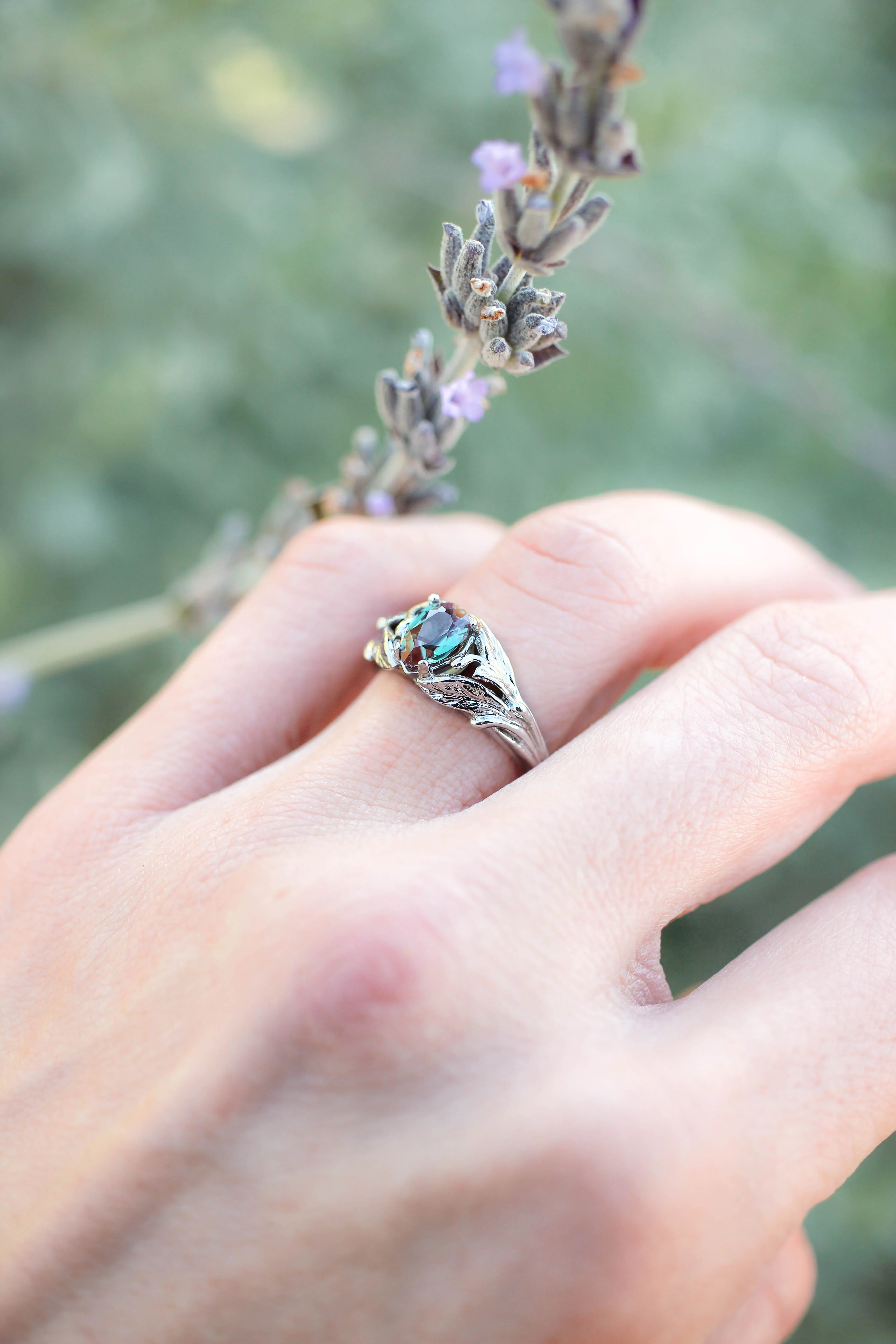 Colour changing alexandrite engagement ring with a matching wedding band / Wisteria - Image 8