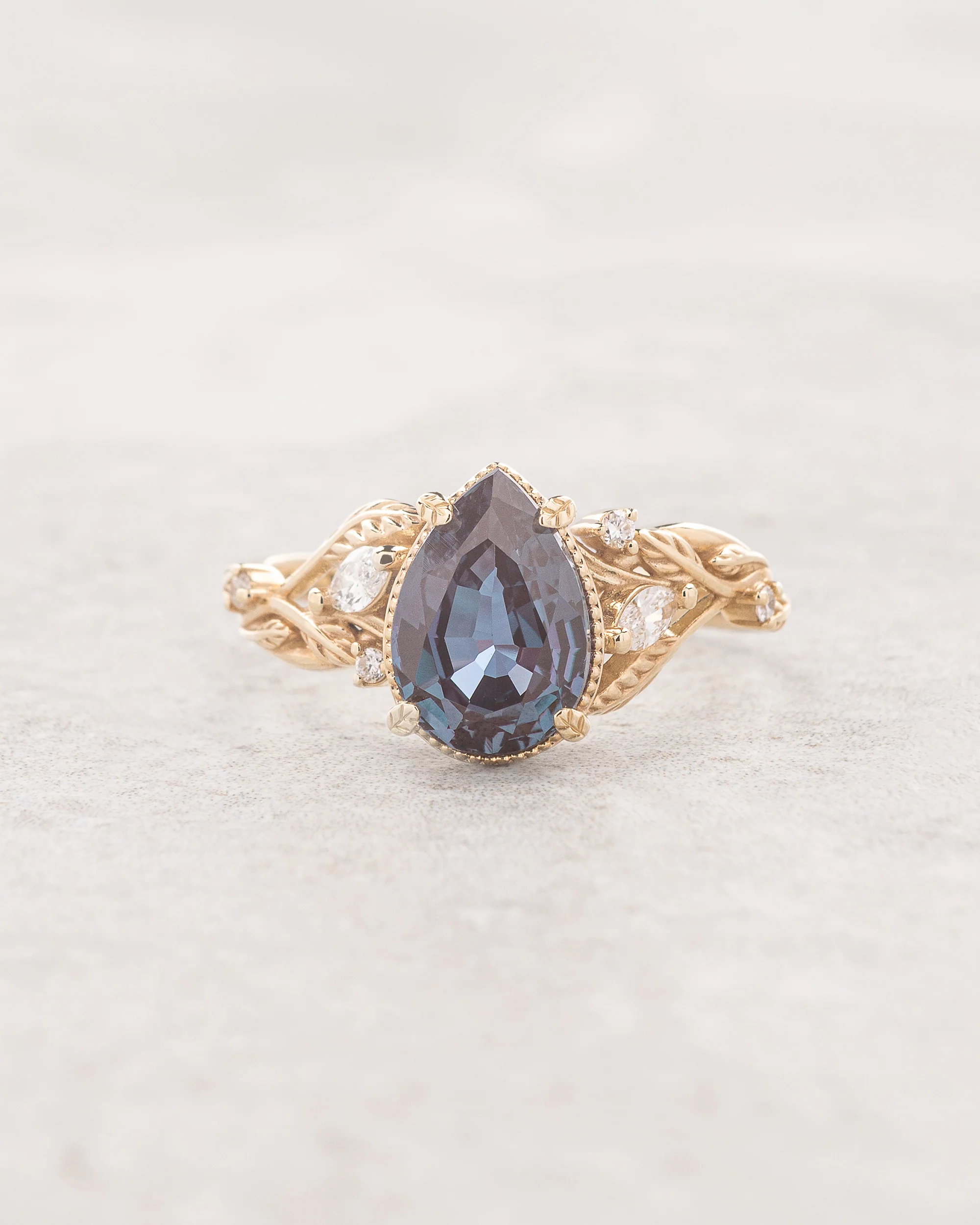 Colour changing alexandrite engagement ring, yellow gold proposal ring with diamonds / Patricia