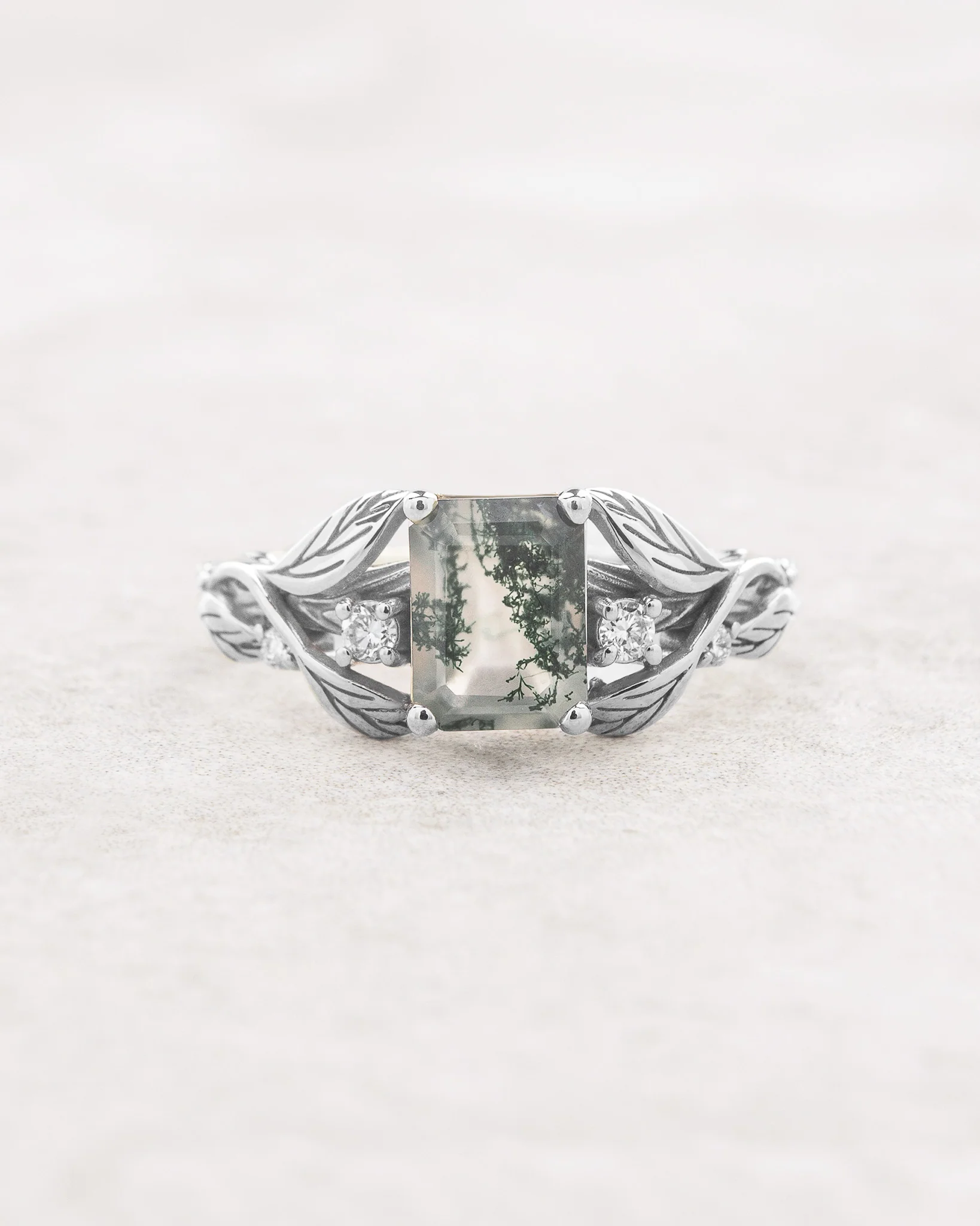 Emerald cut moss agate engagement ring, gold leafy ring with diamonds / Clematis