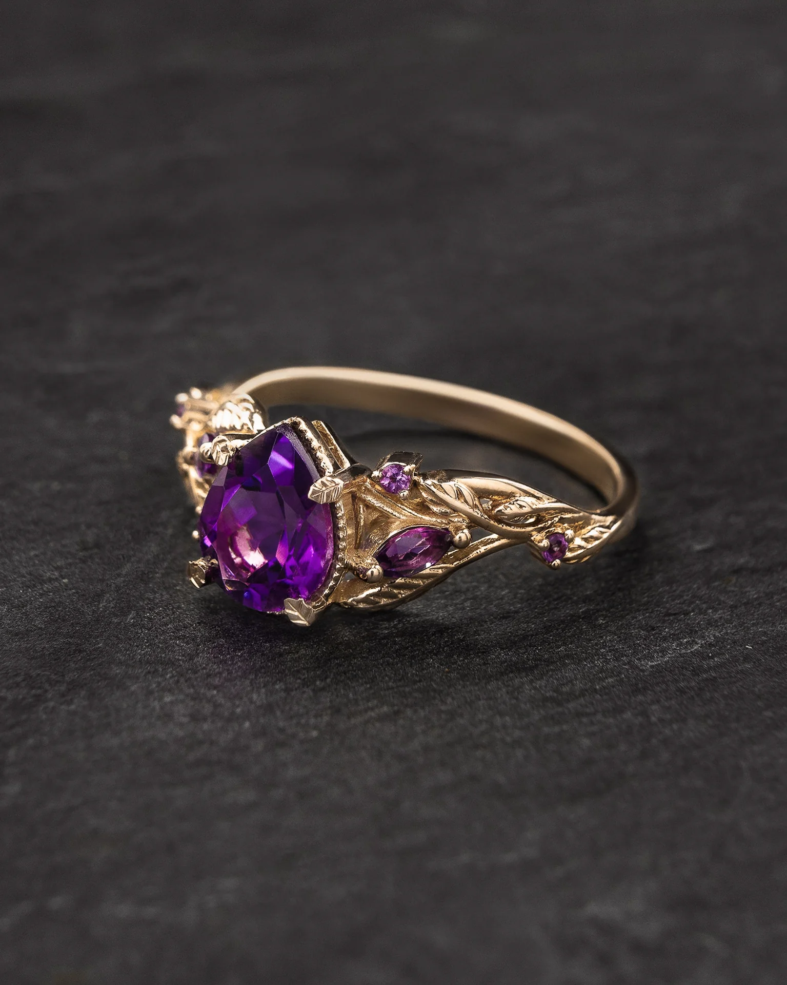 Dark amethyst engagement ring, gold vines and leaves proposal ring / Patricia - Image 4