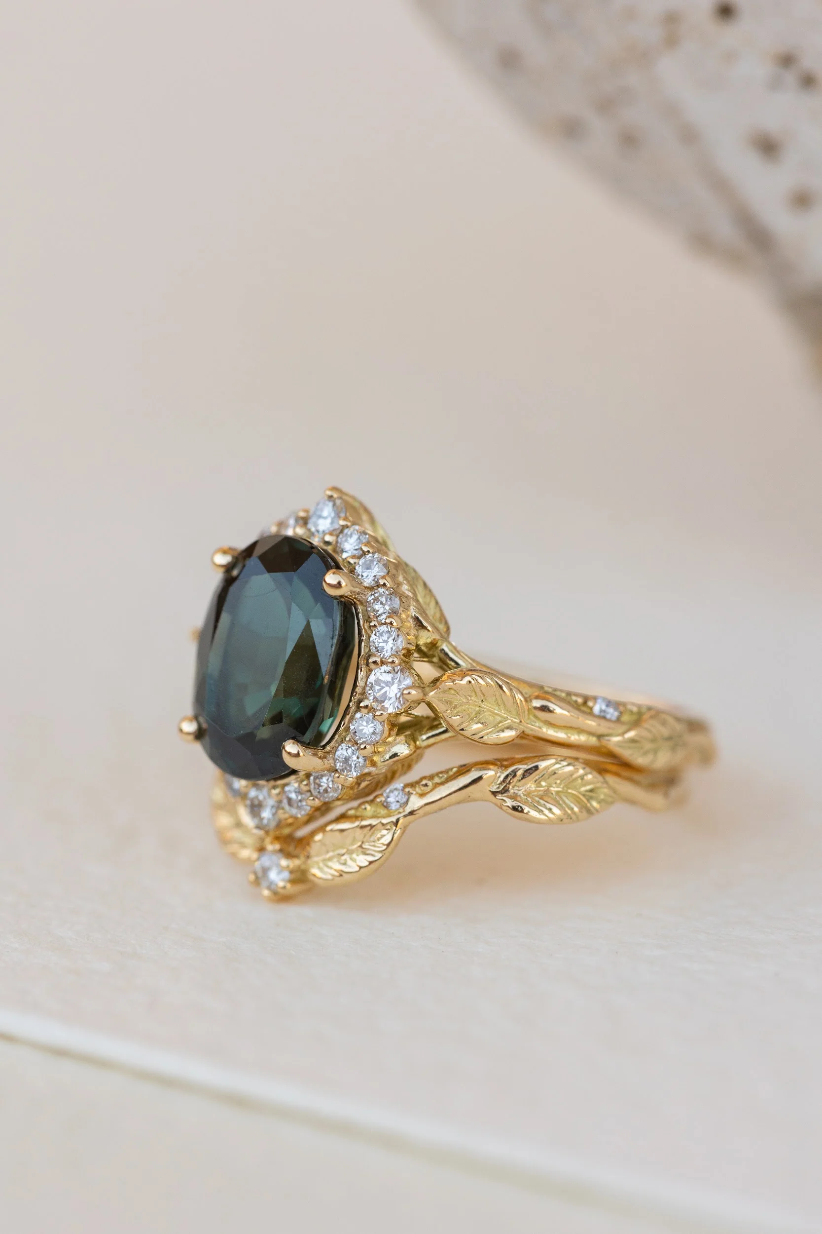 Dark teal genuine sapphire engagement ring set, diamond halo bridal ring set / Florentina - Image 2