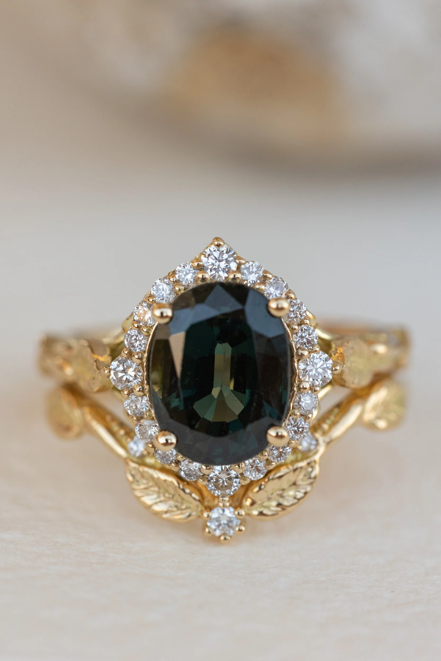 Dark teal genuine sapphire engagement ring set, diamond halo bridal ring set / Florentina - Image 3