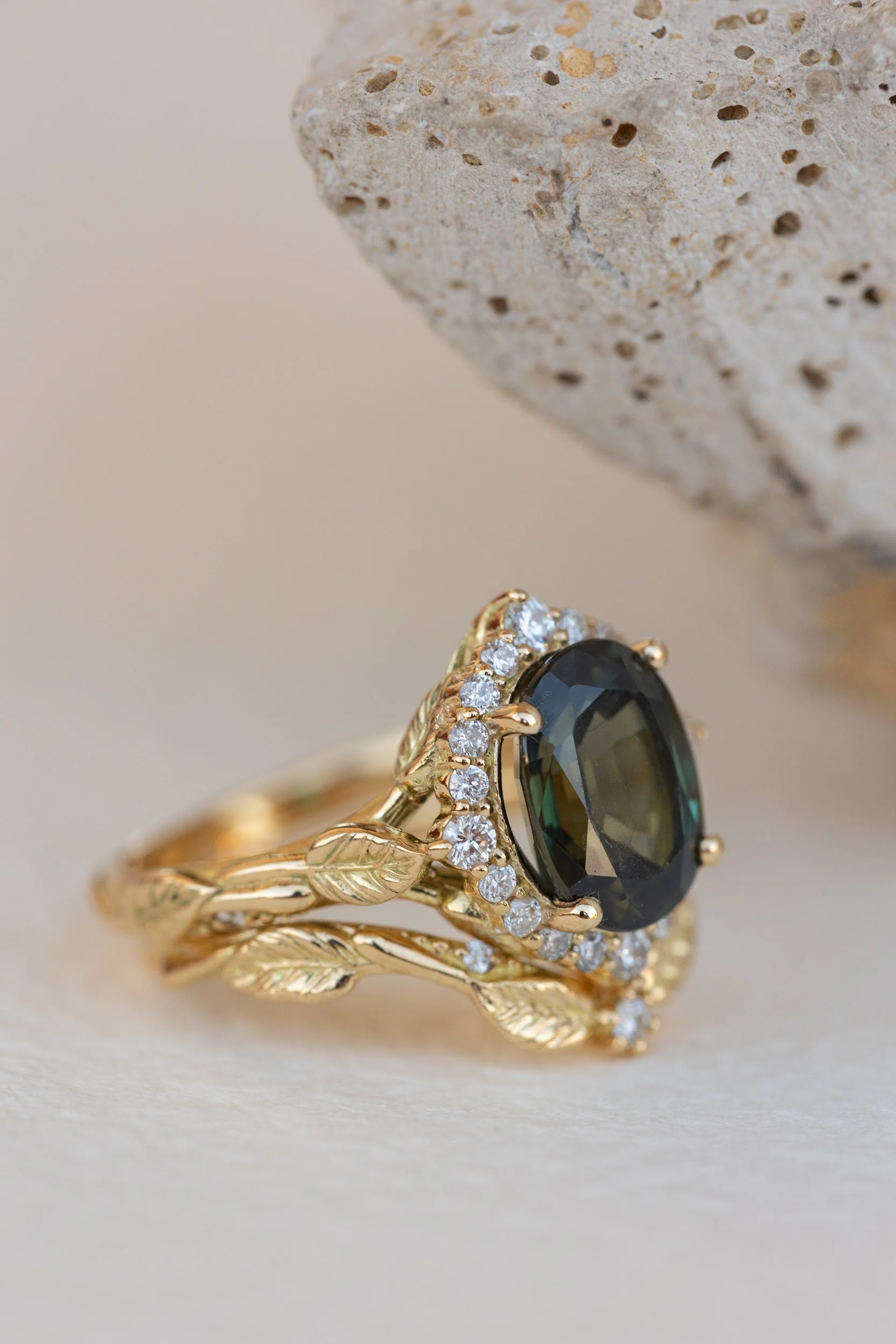 Dark teal genuine sapphire engagement ring set, diamond halo bridal ring set / Florentina - Image 4