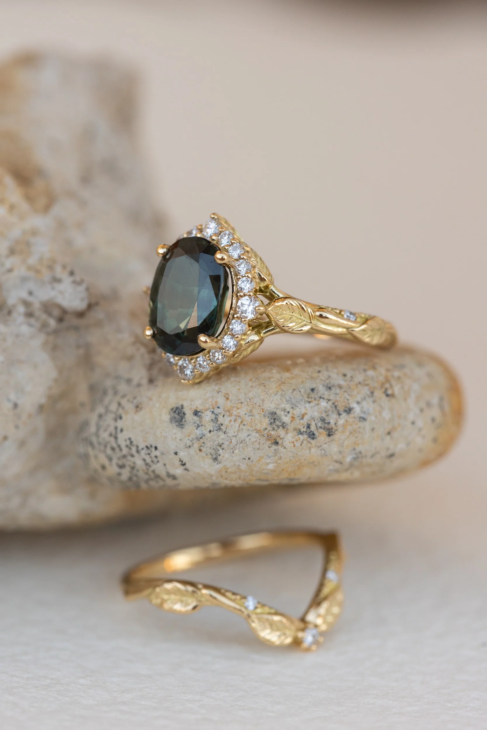 Dark teal genuine sapphire engagement ring set, diamond halo bridal ring set / Florentina - Image 5